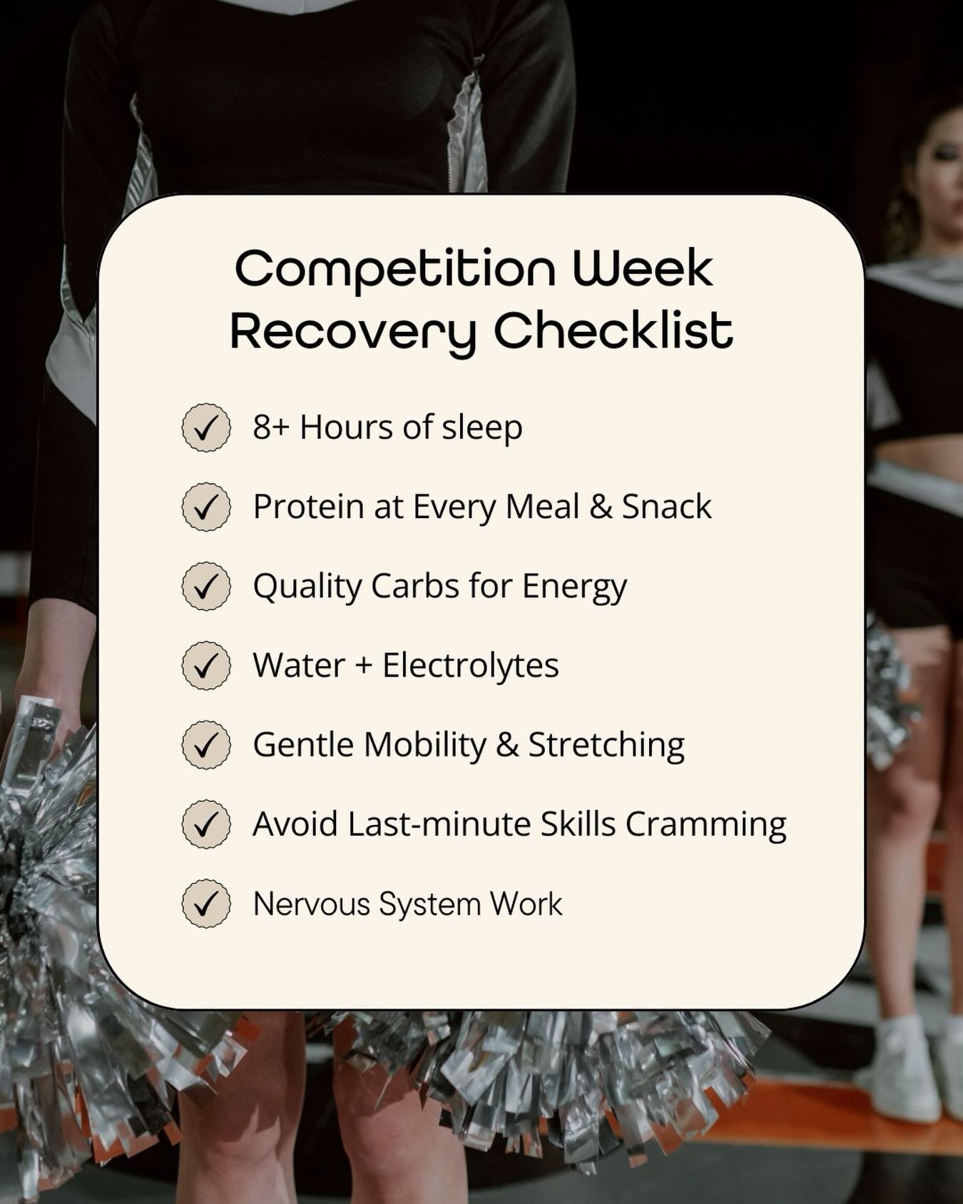NCA is officially a week out! Here&rsquo;s what you should absolutely be prioritizing over the next week to optimally prepare your body for its best performance. 

Under-fueling + under-sleeping + overtraining = flag performances. 

Strong athletes d