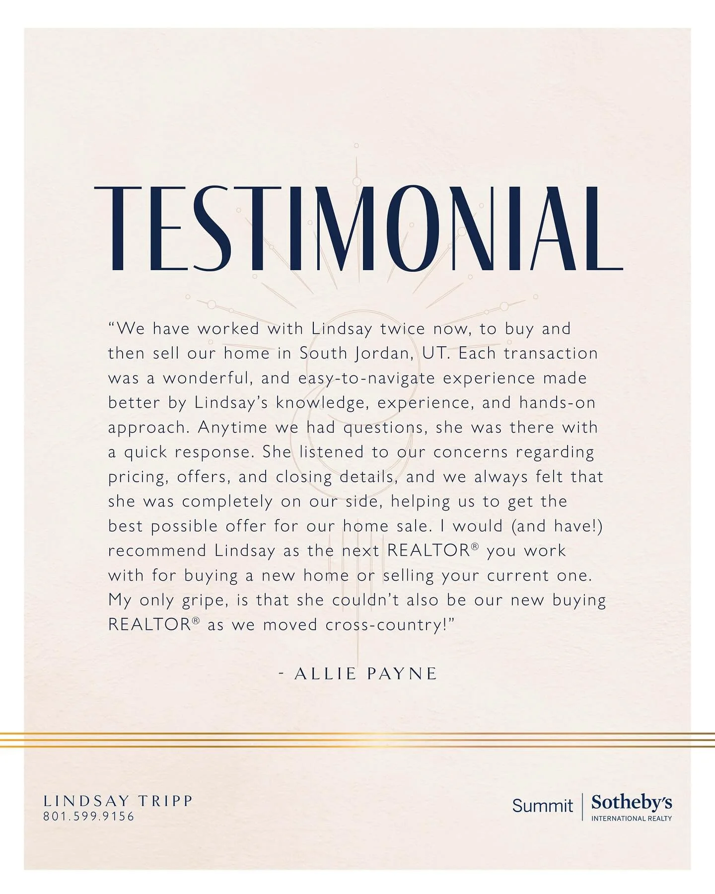 So grateful for the trust Allie and her family have placed in me over the years! Thank you so much for your kind words. 

If you&rsquo;re looking to buy or sell, and want trusted guidance through every step, let&rsquo;s talk. I would love to be a par