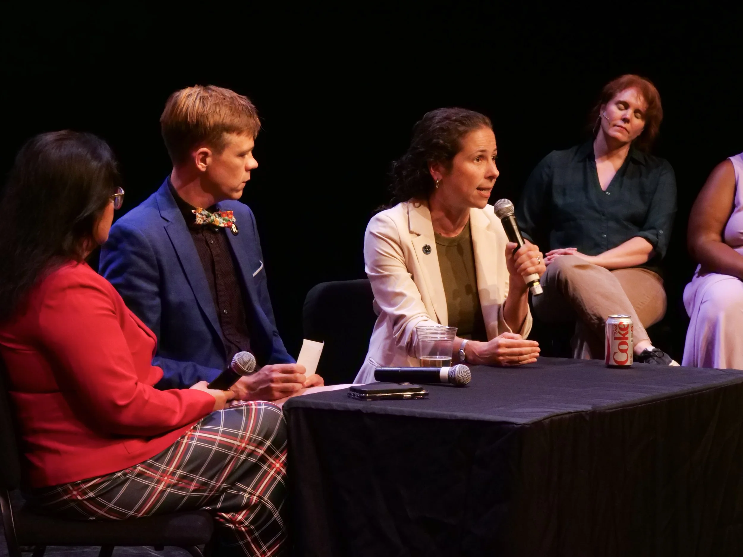  (Left to right) Mayor Kaohly Her, Host Tane Danger, Council President Rebecca Noecker, and Danger Boat cast member Heather Meyer on The Theater of Public Policy, September 8th, 2026 at the Frey Theater at St. Catherine University. Credit: Danger Boa