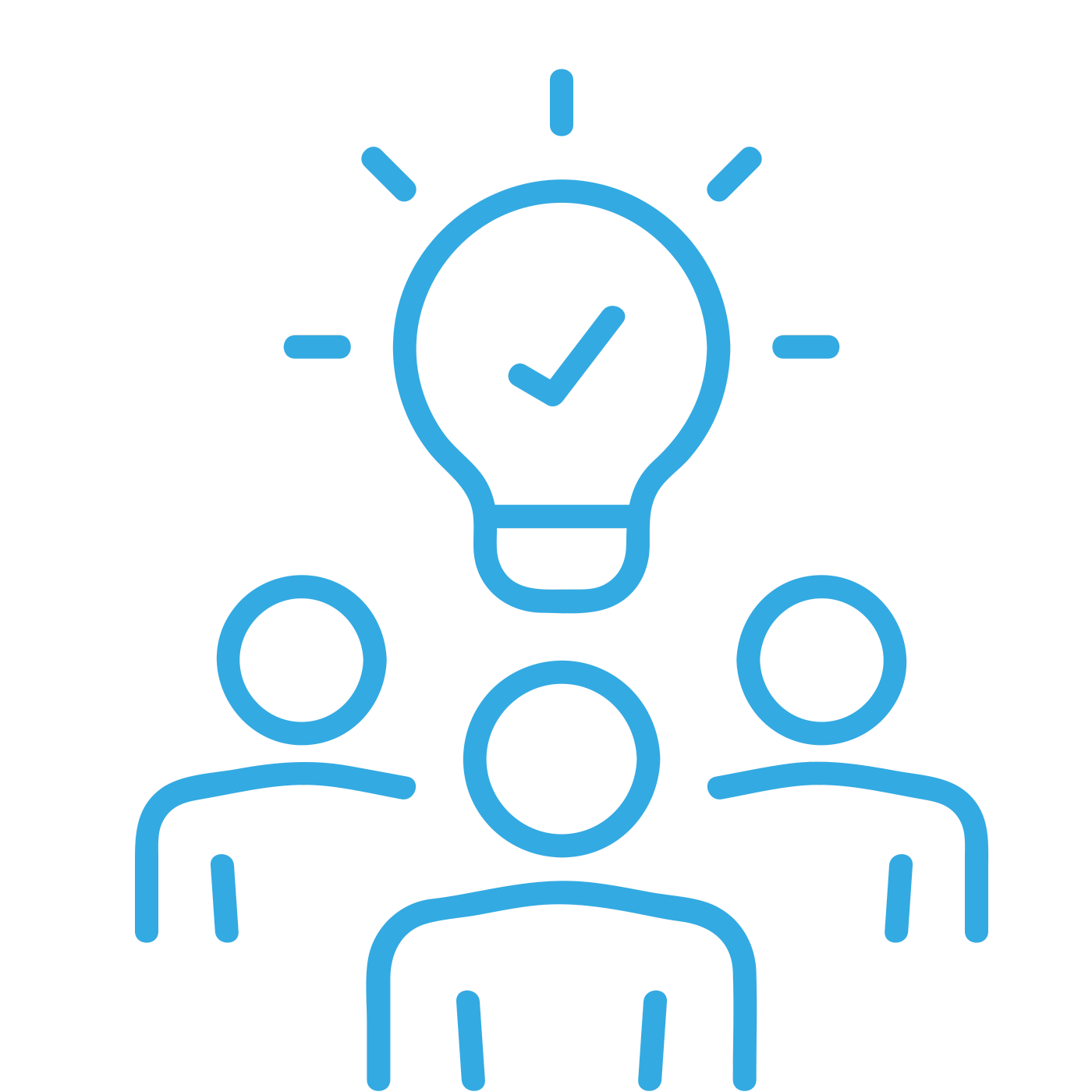Outline of three people with a large light bulb above them and a checkmark inside the bulb, symbolizing ideas or teamwork.