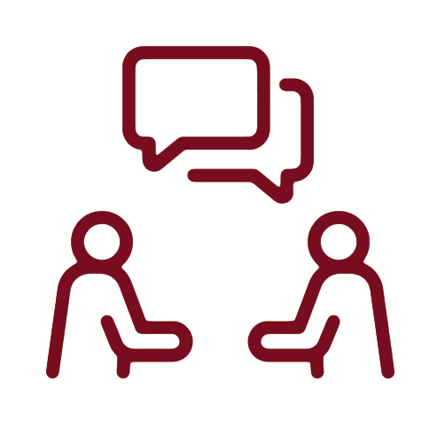 Two people sitting and talking with speech bubbles above them.