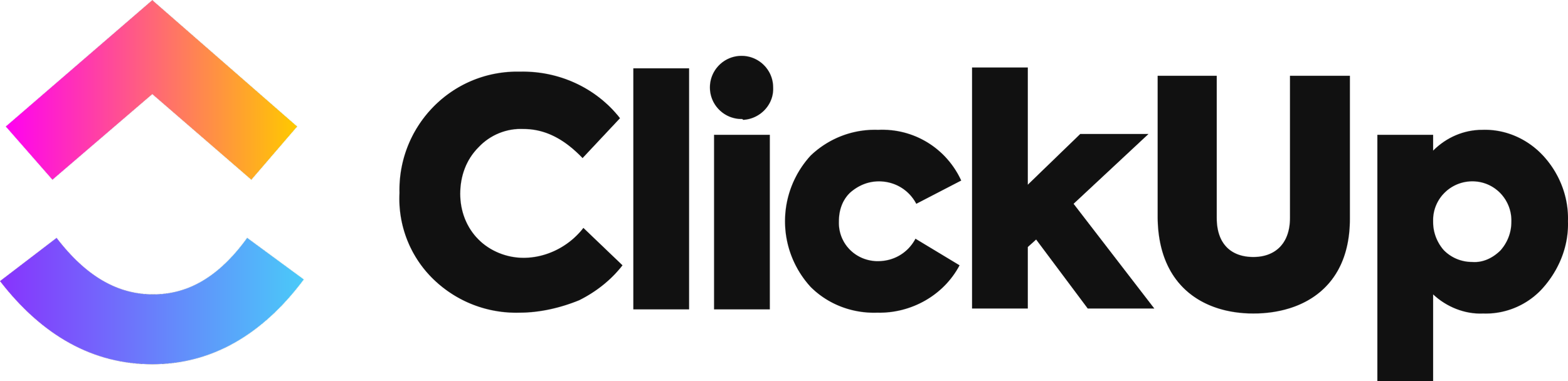 ClickUp logo with colorful geometric shapes on a black background.