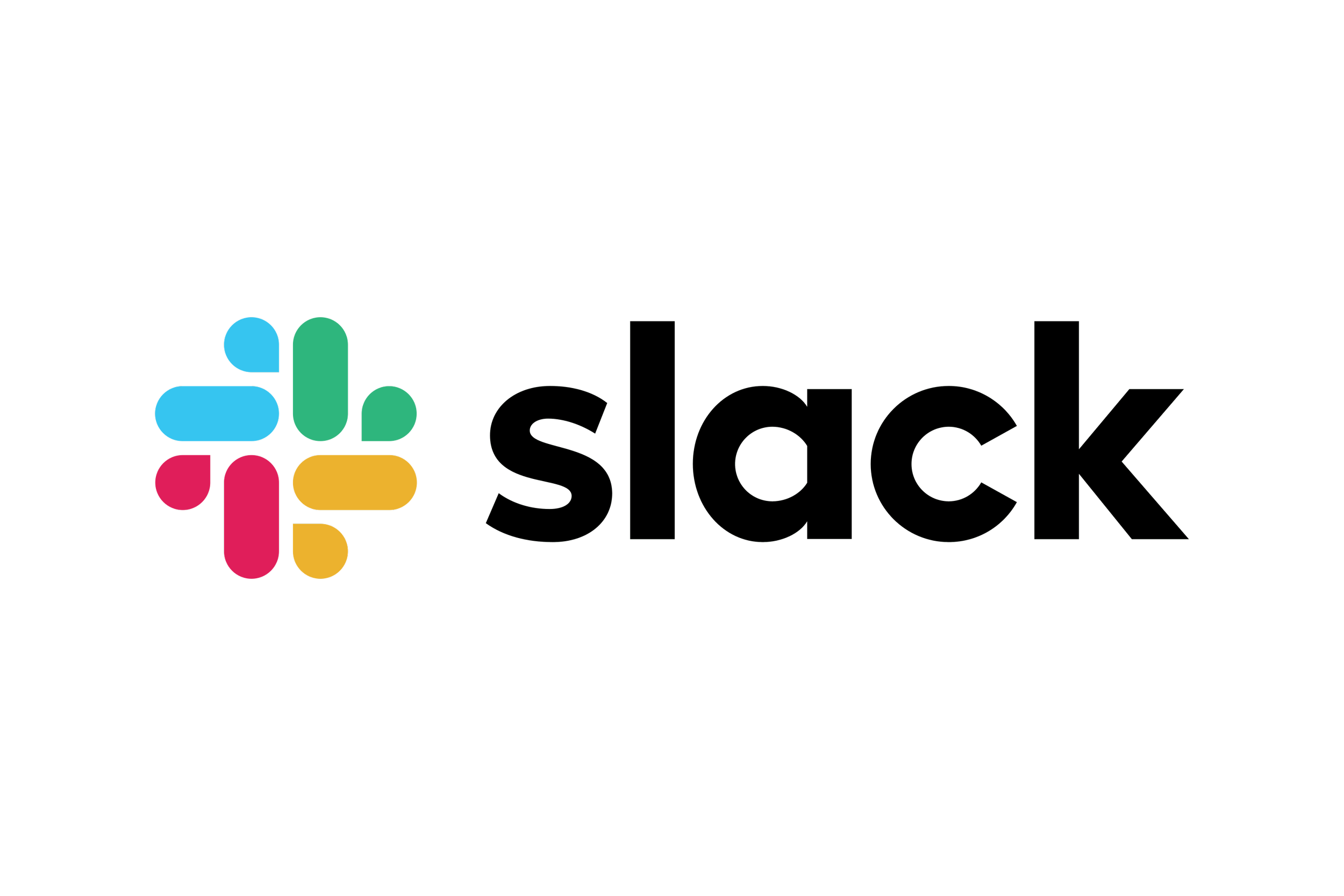 Slack logo with colorful symbol of four shapes in blue, green, red, and yellow to the left, and the word 'slack' in black lowercase letters to the right.