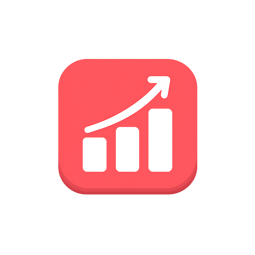Icon showing a bar chart with three bars increasing in height and a white upward arrow crossing from bottom left to top right.