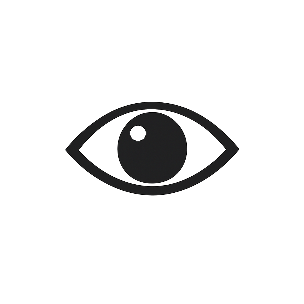 Black and white illustration of an eye with a reflective highlight in the pupil.