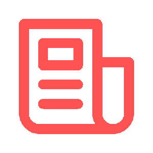 Icon of a document or report with a bookmark, in a red outline.
