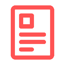 Icon of a document or report with a square image placeholder, lines of text, and a header, all in red.