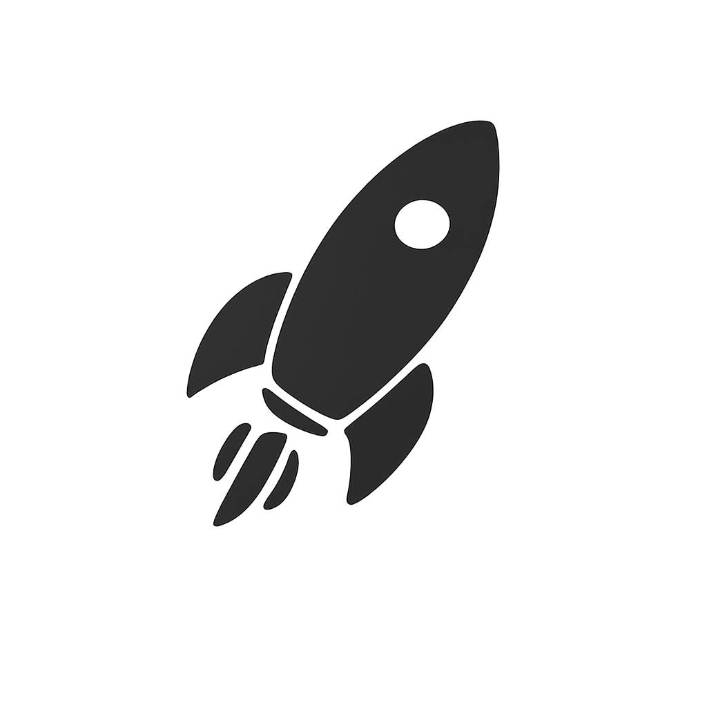 Black rocket illustration with flames at the bottom, on a transparent background.