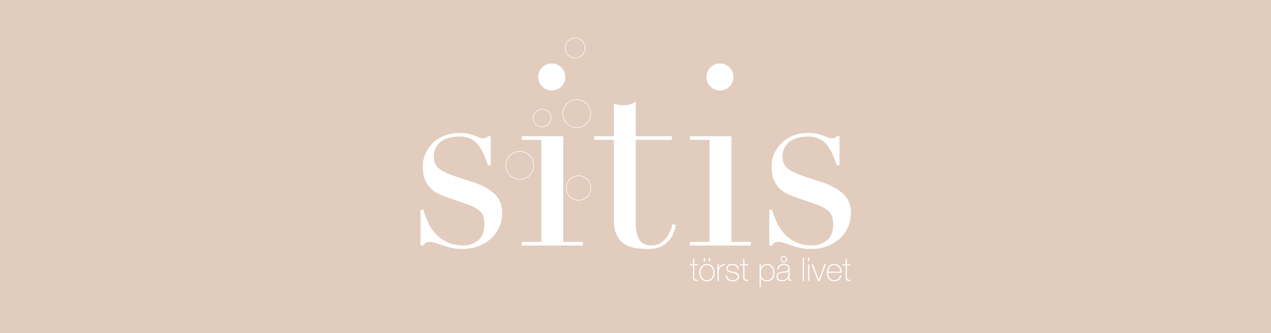 Logotyp med texten 'sitis törst på livet' på beige bakgrund med champagnebubblor.