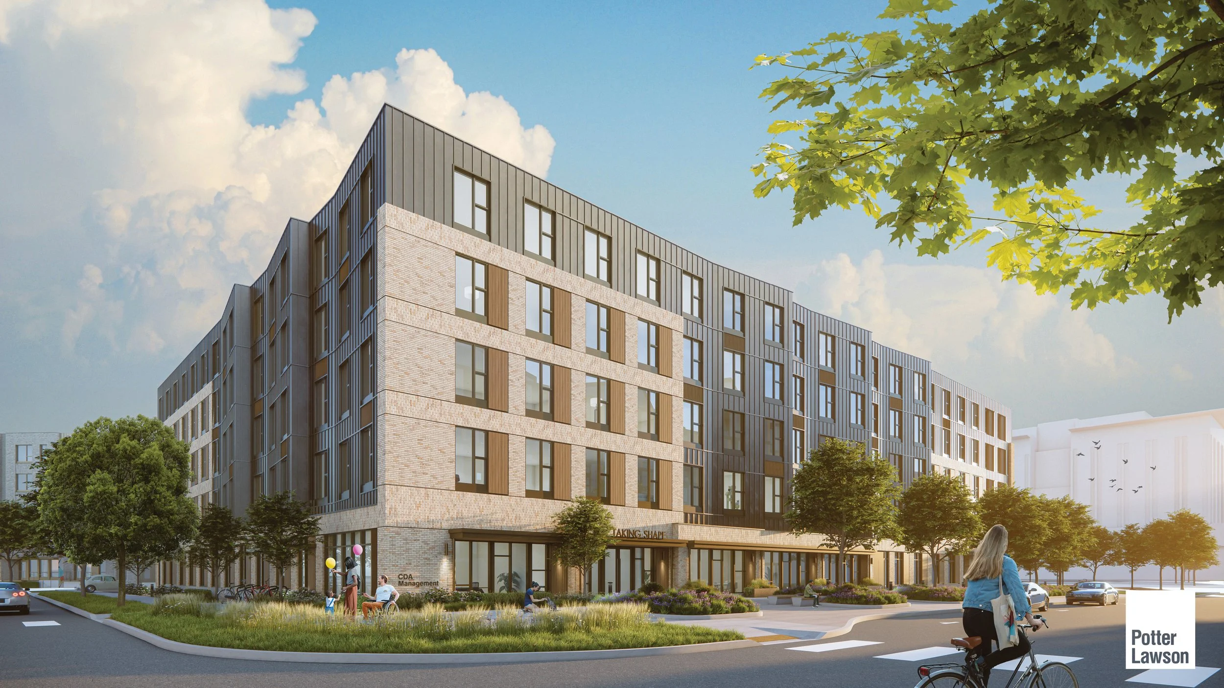 Rendering of a four-story apartment building featuring a mixture of materians including sawtooth metal paneling, brick, and large windows.