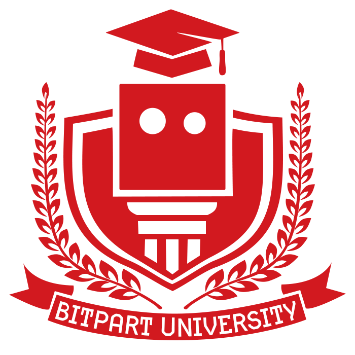 Logo of BitPart University featuring a robot head with a graduation cap, shield, laurel branches, and a banner with the university name