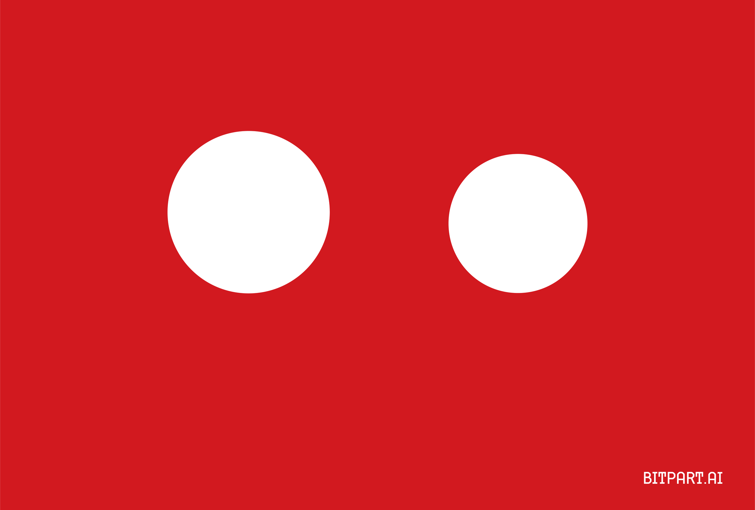 Red background with two large white circles and smaller black circles above each white circle, resembling a minimalist representation of a person or face.