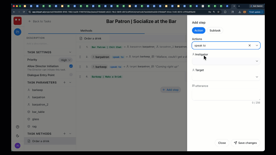 Screenshot of a task management interface for a bar patron interaction, showing steps like ordering a drink, speaking to a bartender, and making a drink, with options to add actions and steps.