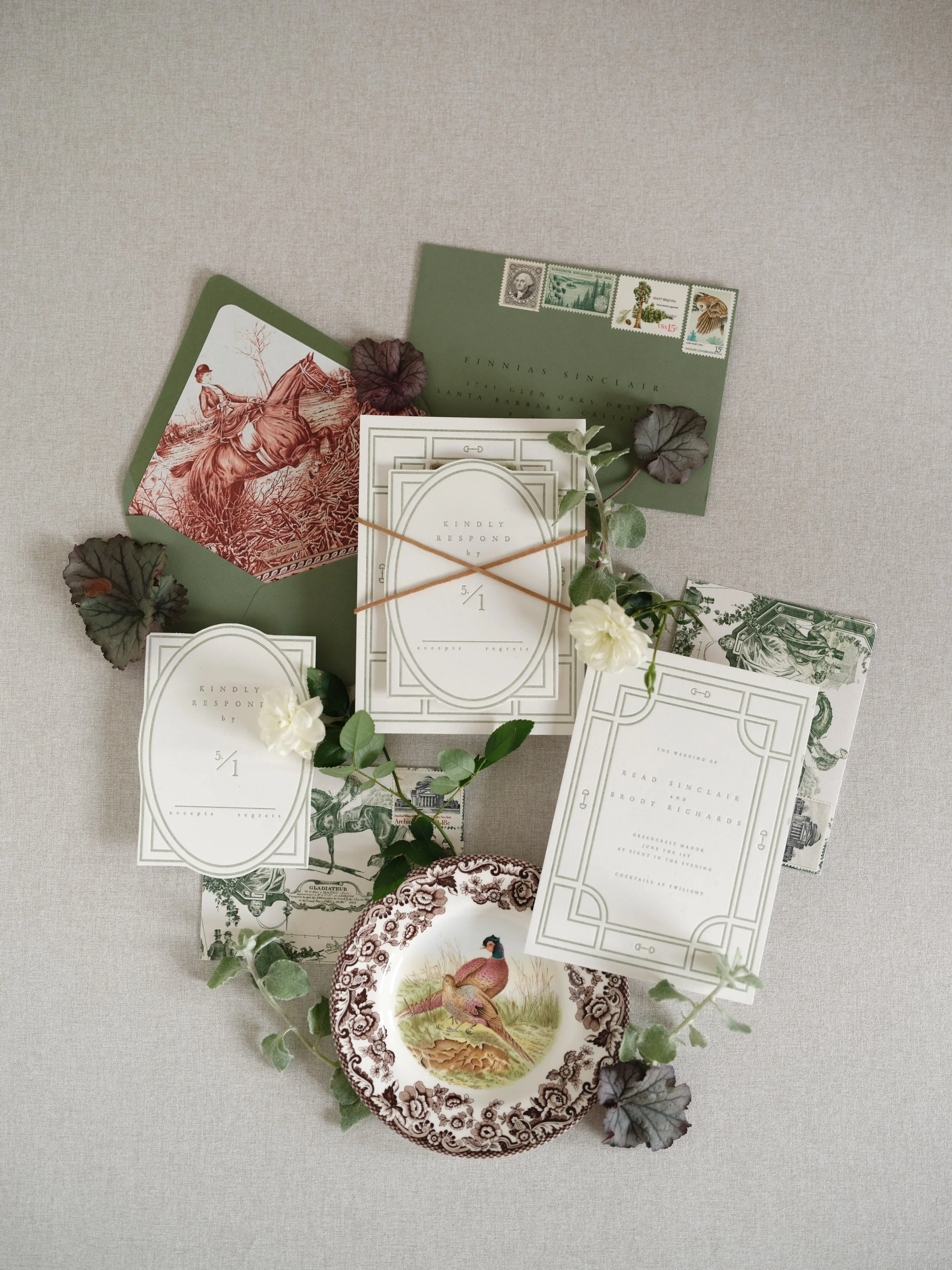 Wedding invitation suite flat lay demonstrating layering, color flow, and overlapping techniques on a Chasing Stone linen styling surface