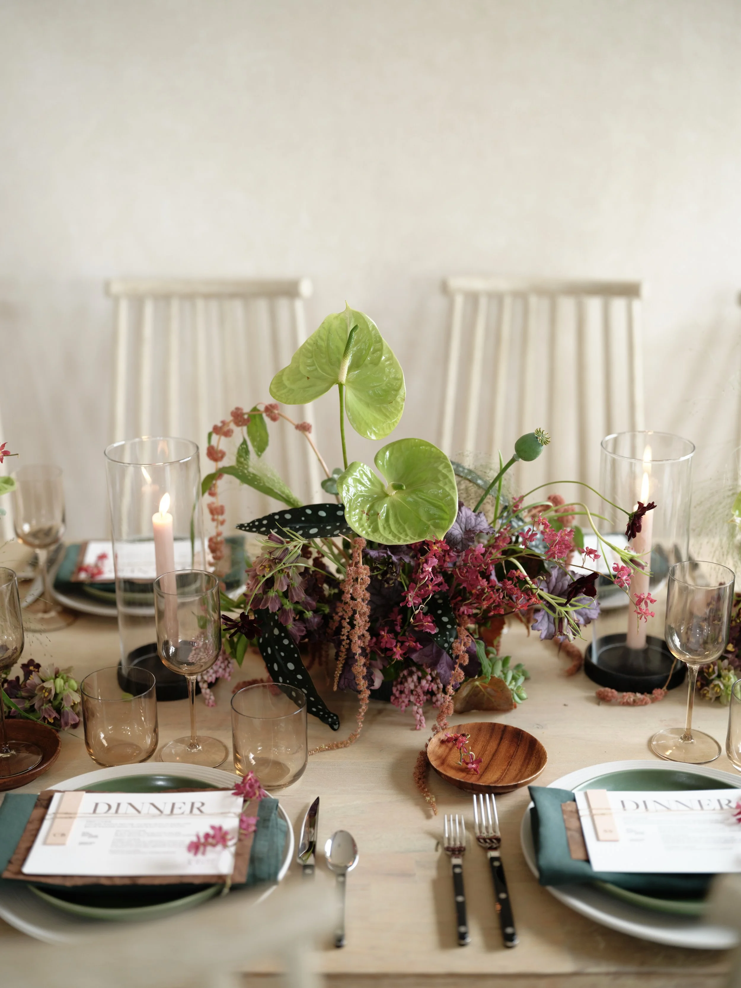 Limestone warm neutral hand-painted backdrop for wedding tablescape photography with split complementary color palette