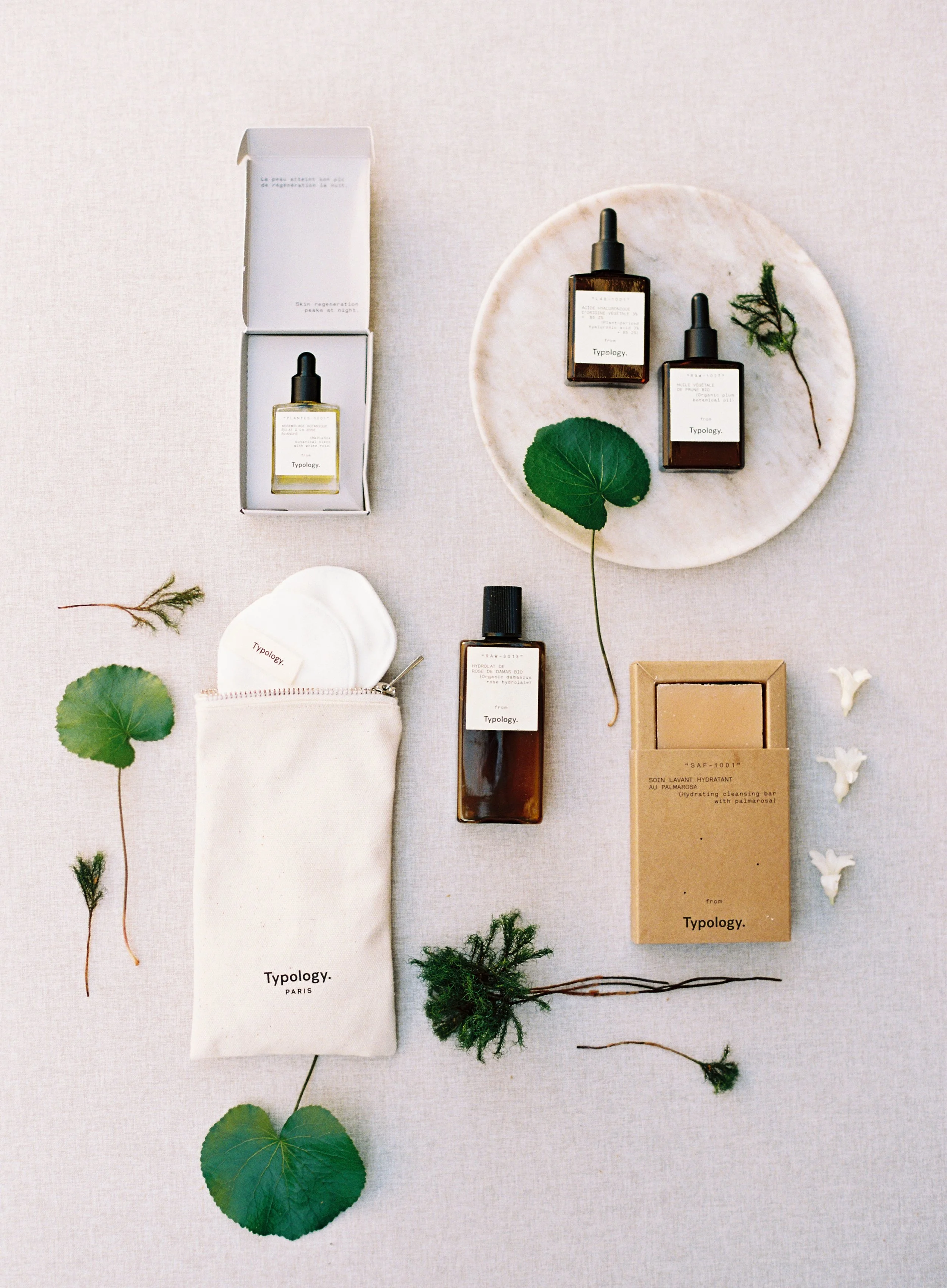 Organic flat lay composition of Typology skincare products arranged on pale pink hand-painted surface with green leaves and natural styling elements