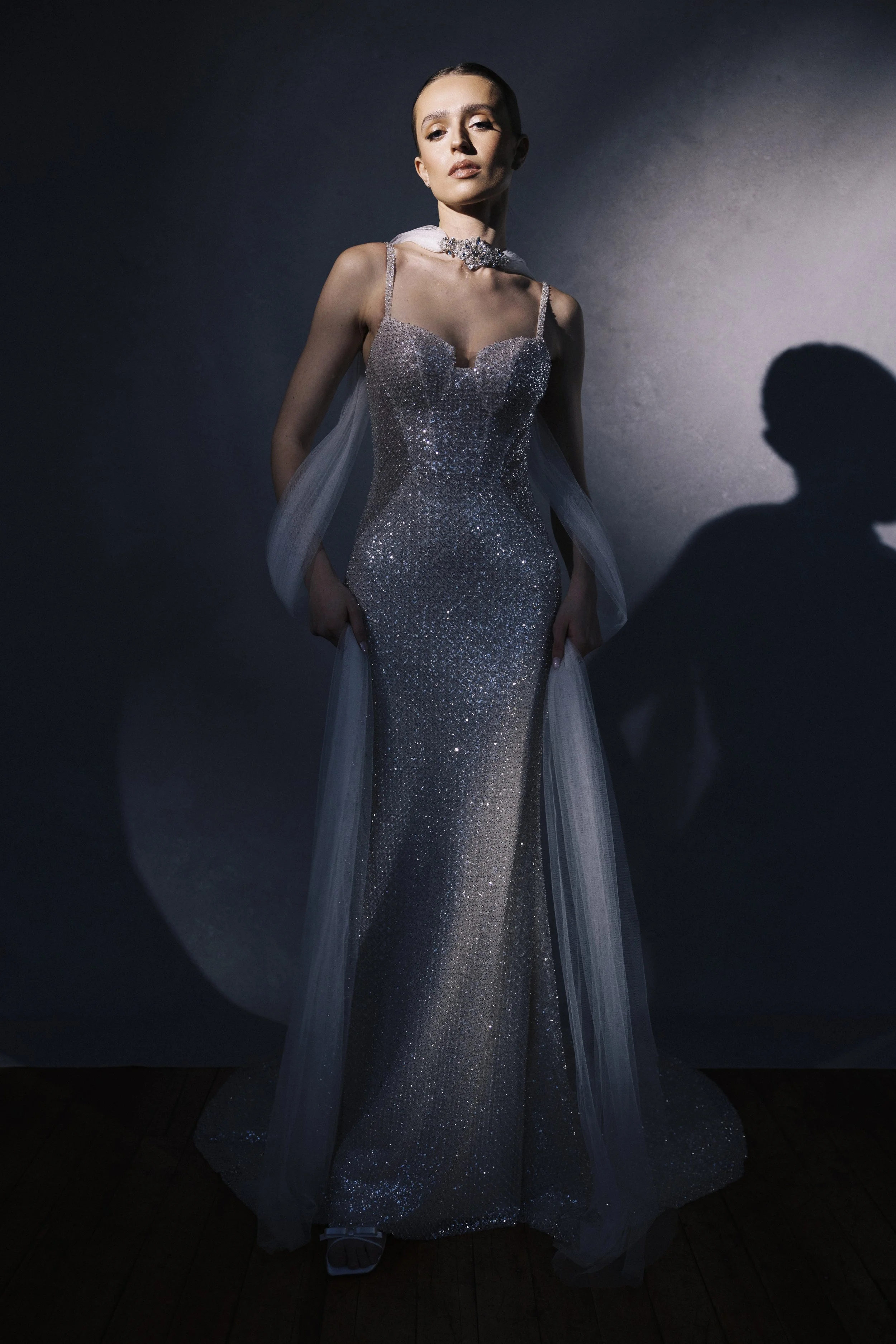 editorial bridal portrait with dramatic side lighting on a textured hand-painted photography backdrop