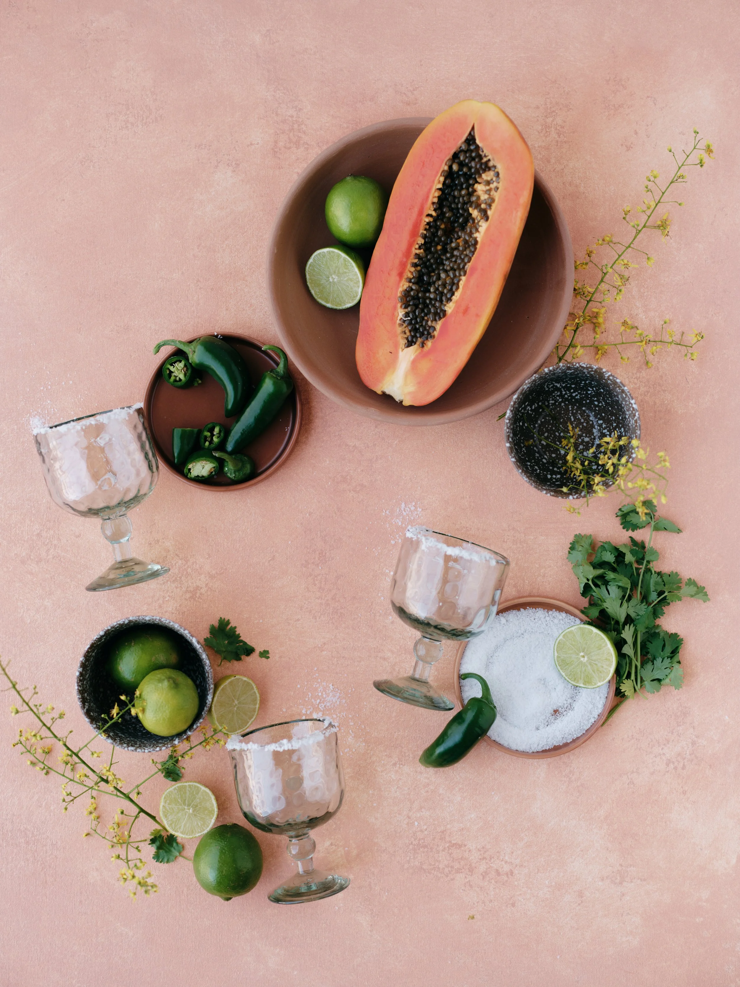 Peachy-pink hand-painted portrait photography backdrop styled with margarita ingredients showing backdrop versatility