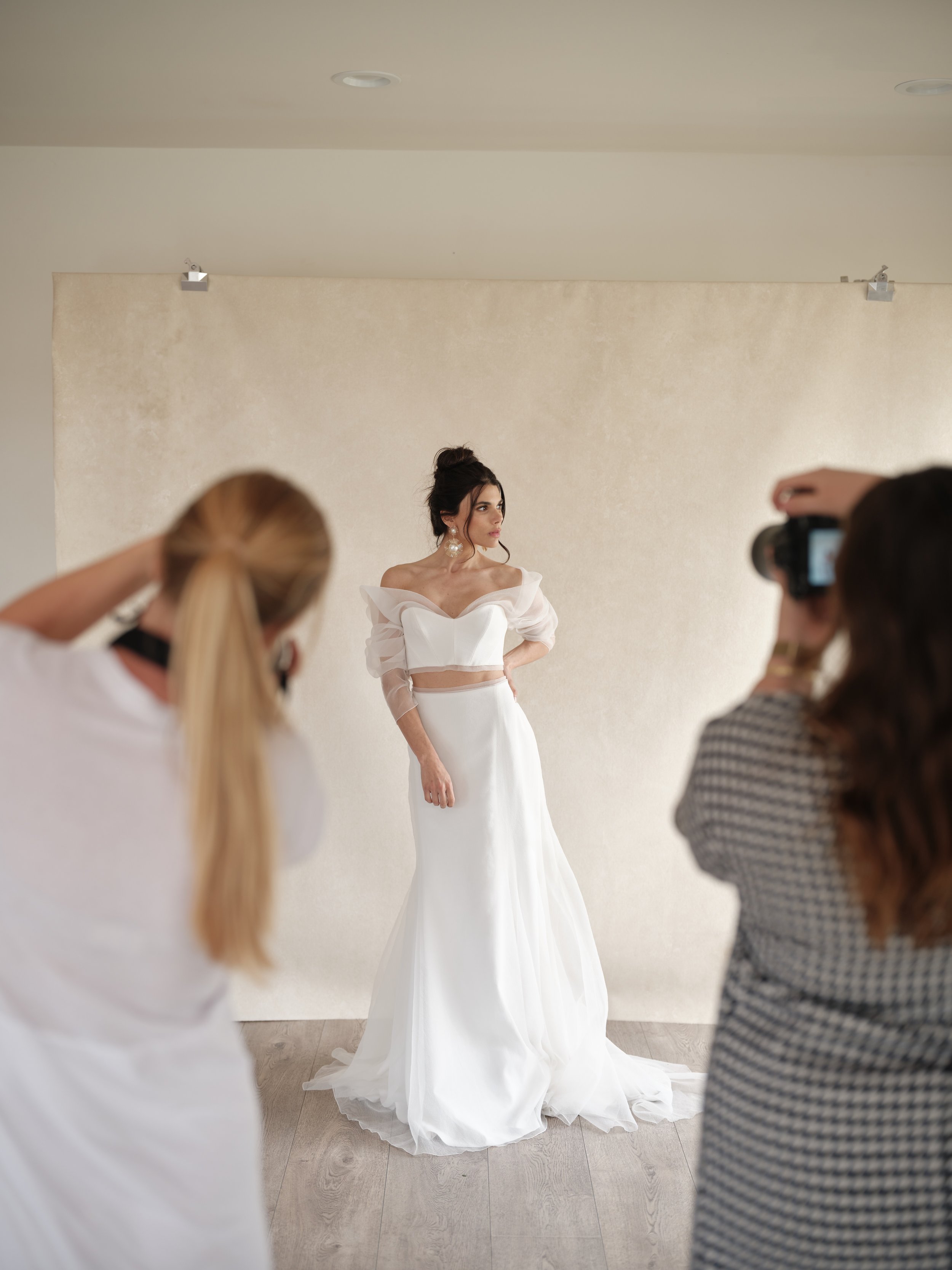 Bridal portrait photography session with hand painted canvas backdrop and natural directional lighting
