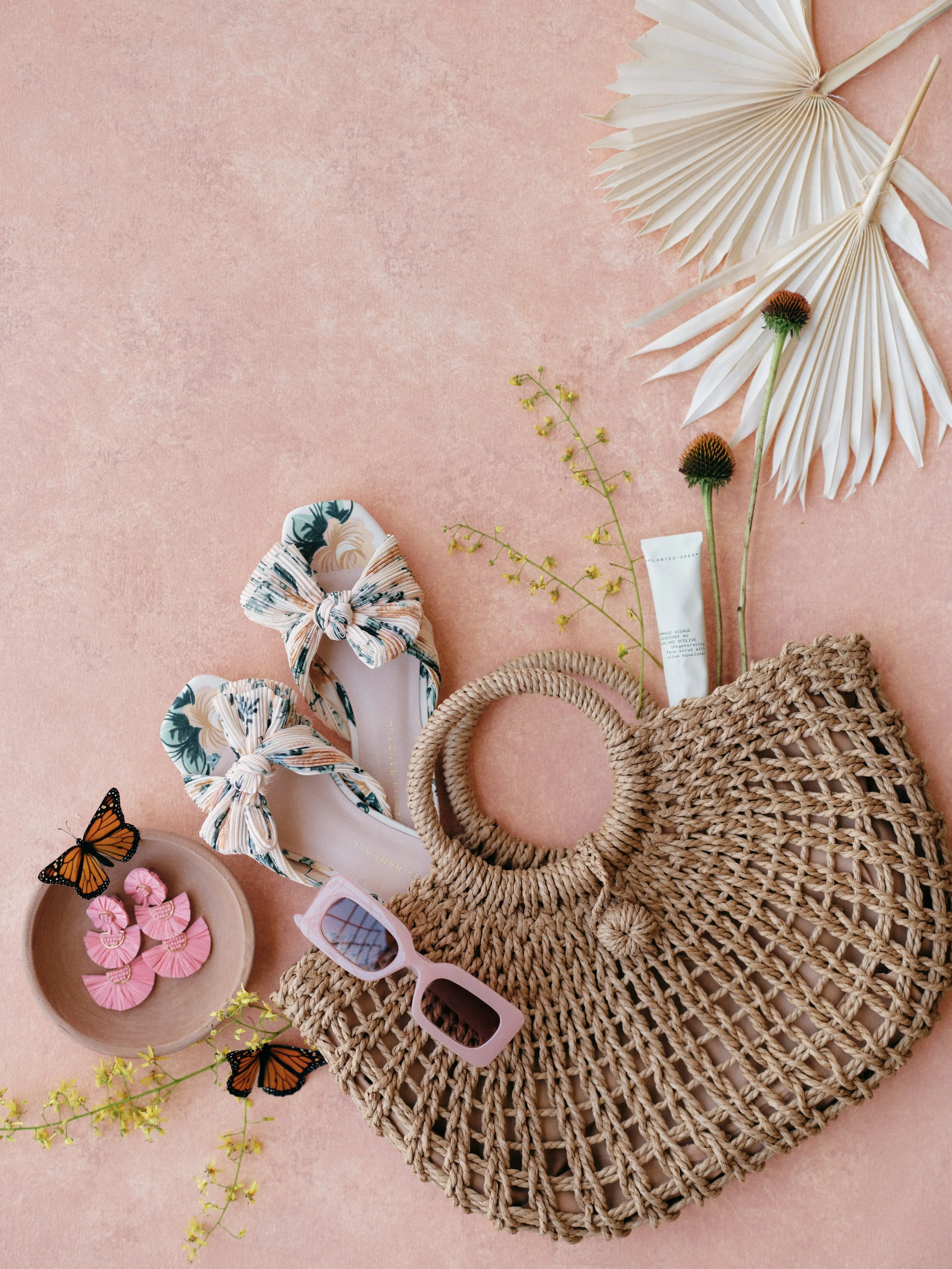 Flat lay photography on San Miguel hand-painted terracotta canvas styling surface by Chasing Stone