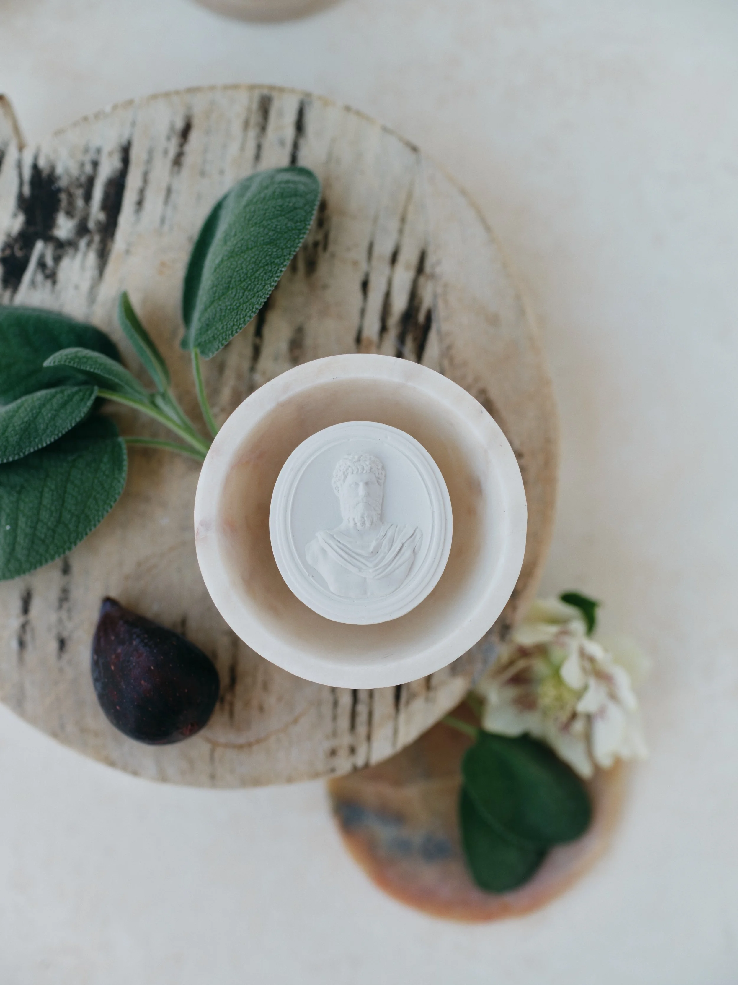 still life with sage leaves, fig, and marble dish on a hand-painted canvas backdrop lit with soft natural window light