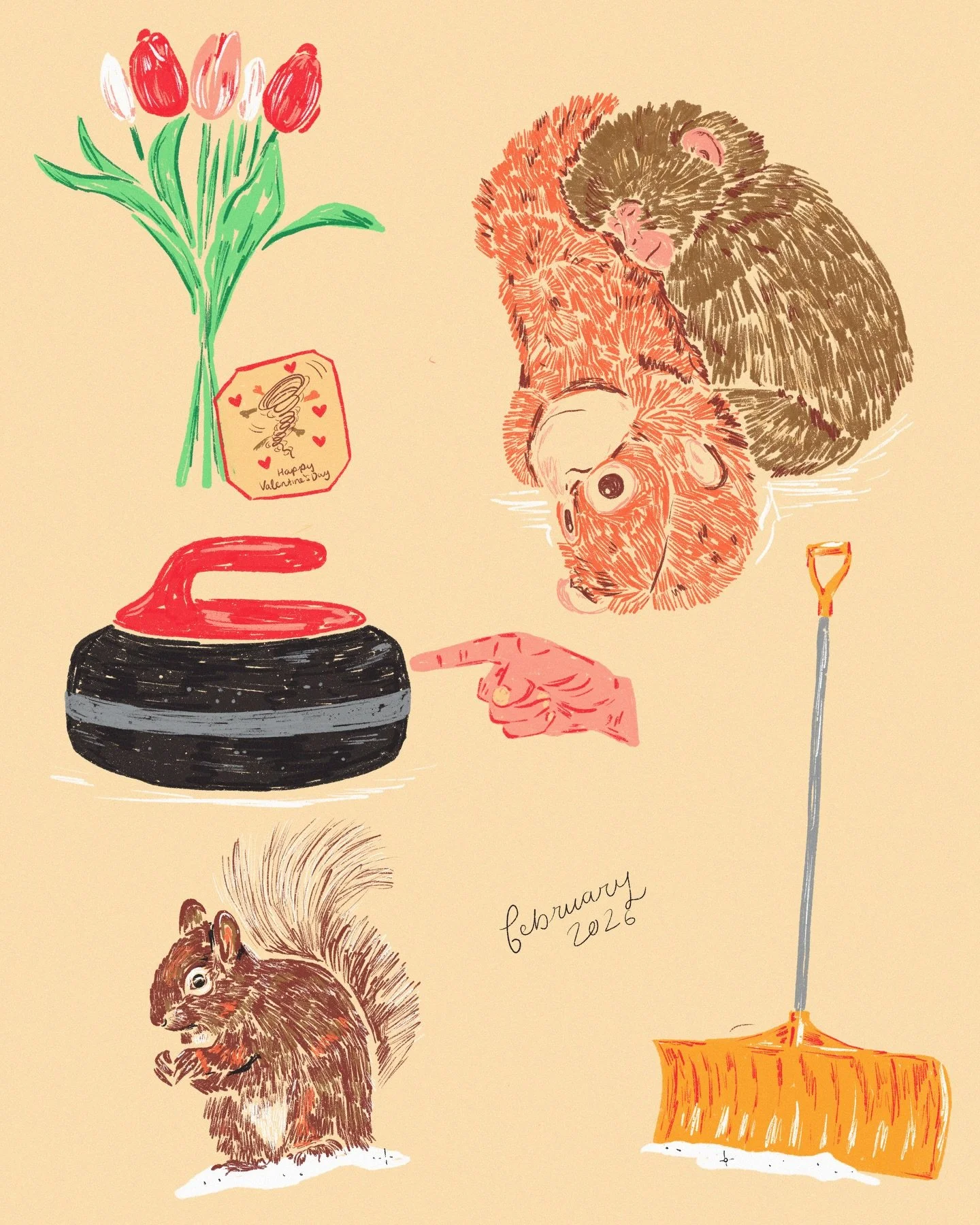 February in Crayon sketches 🌷❤️🐵🦧🥌❄️🪏🐿️
