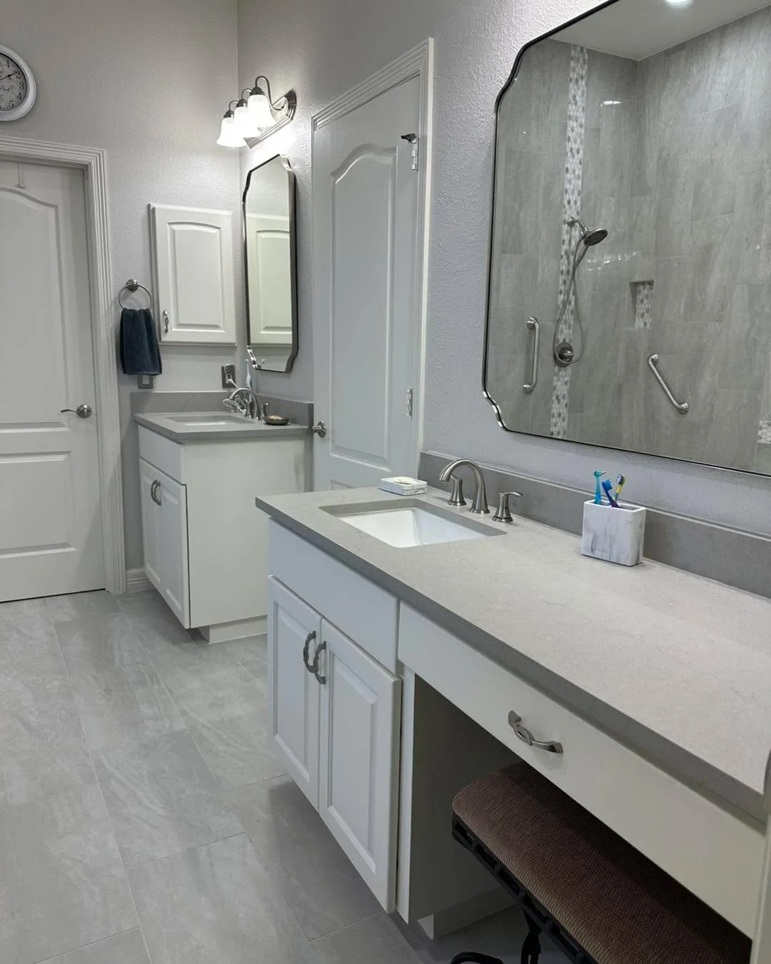 Beautiful Master Bathroom remodel: new shower, new floors, new countertops and fresh paint  #bathroomremodel #bath #bathmakeover #Tile #Shower #countertops #mirrors