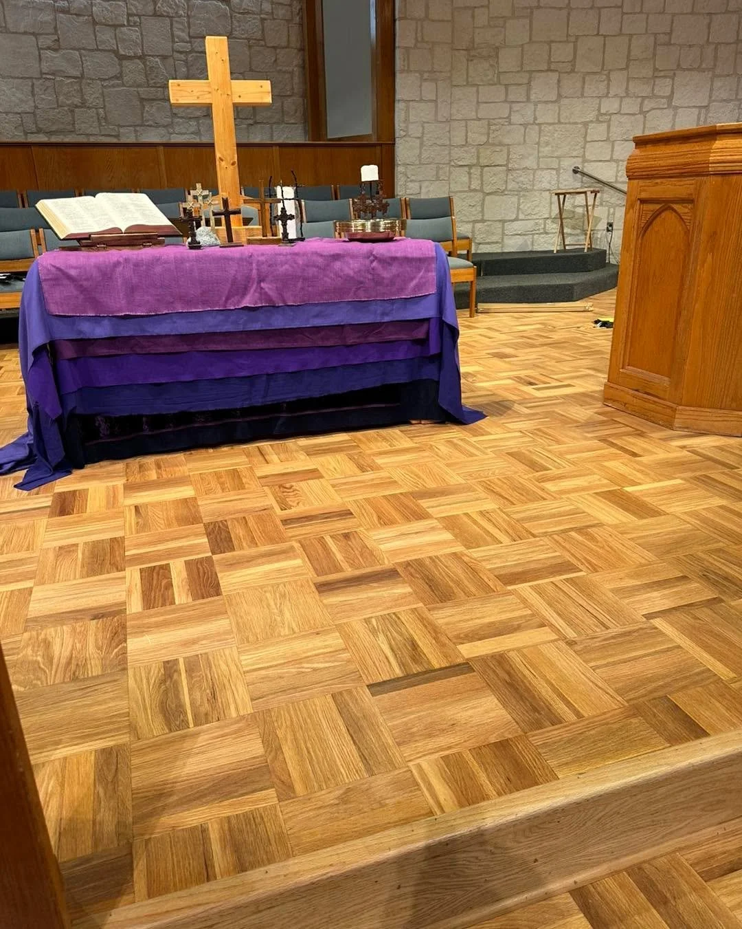 Here is a parquet wood floor that is approximately 30+ years old. It is well used area, we went in and sanded and refinished it and it looks like a million bucks!! The church was happy with the results. #refinishfloor  #ResultsMatter