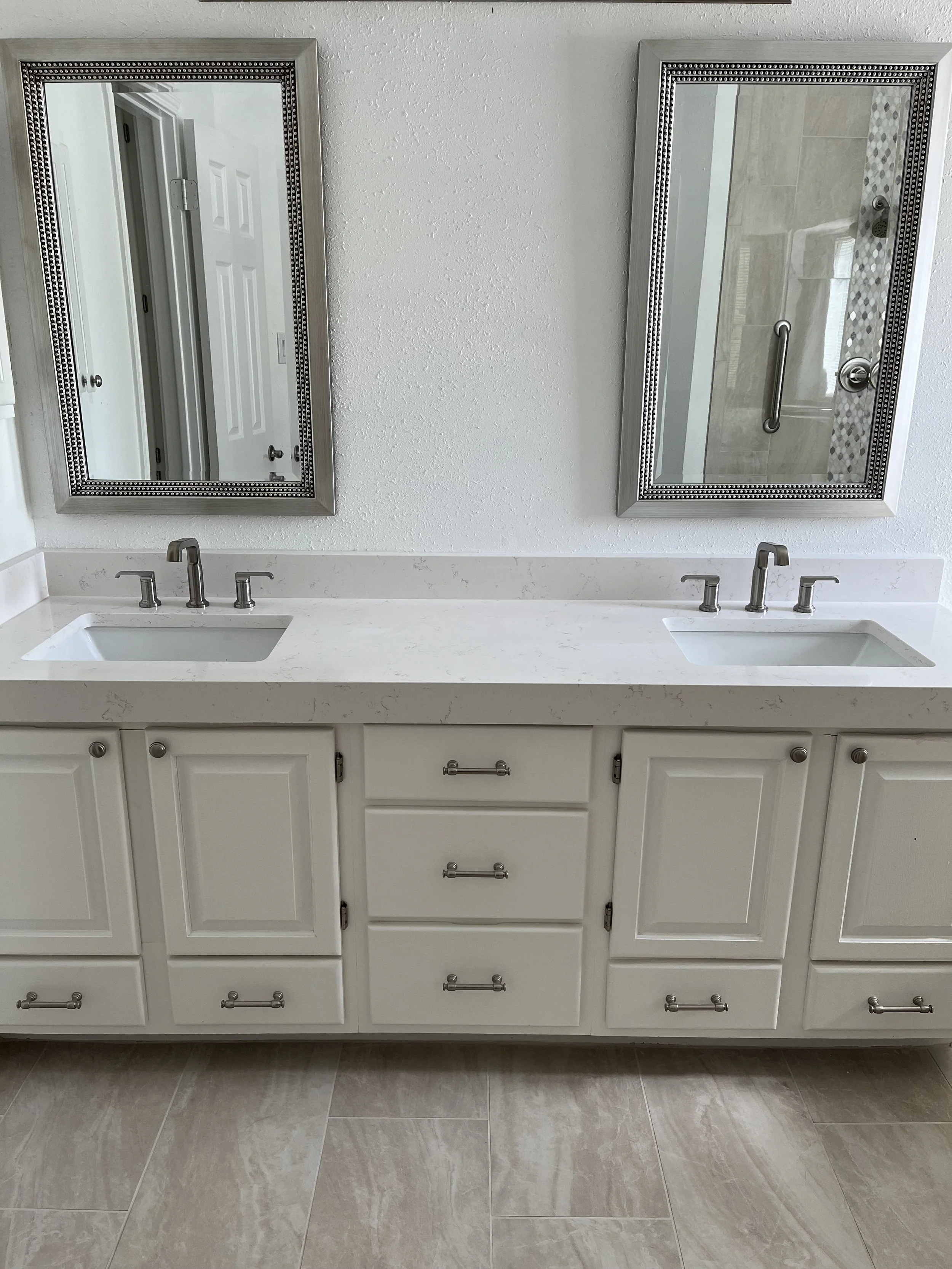 Quartz counter top with mitre edge.