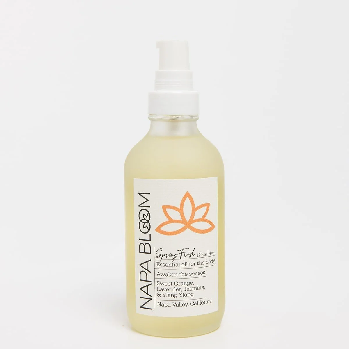 Napa Bloom Spring Fresh Body Oil 4 oz frosted white glass bottle with white pump top and ivory label, citrus-floral aroma.