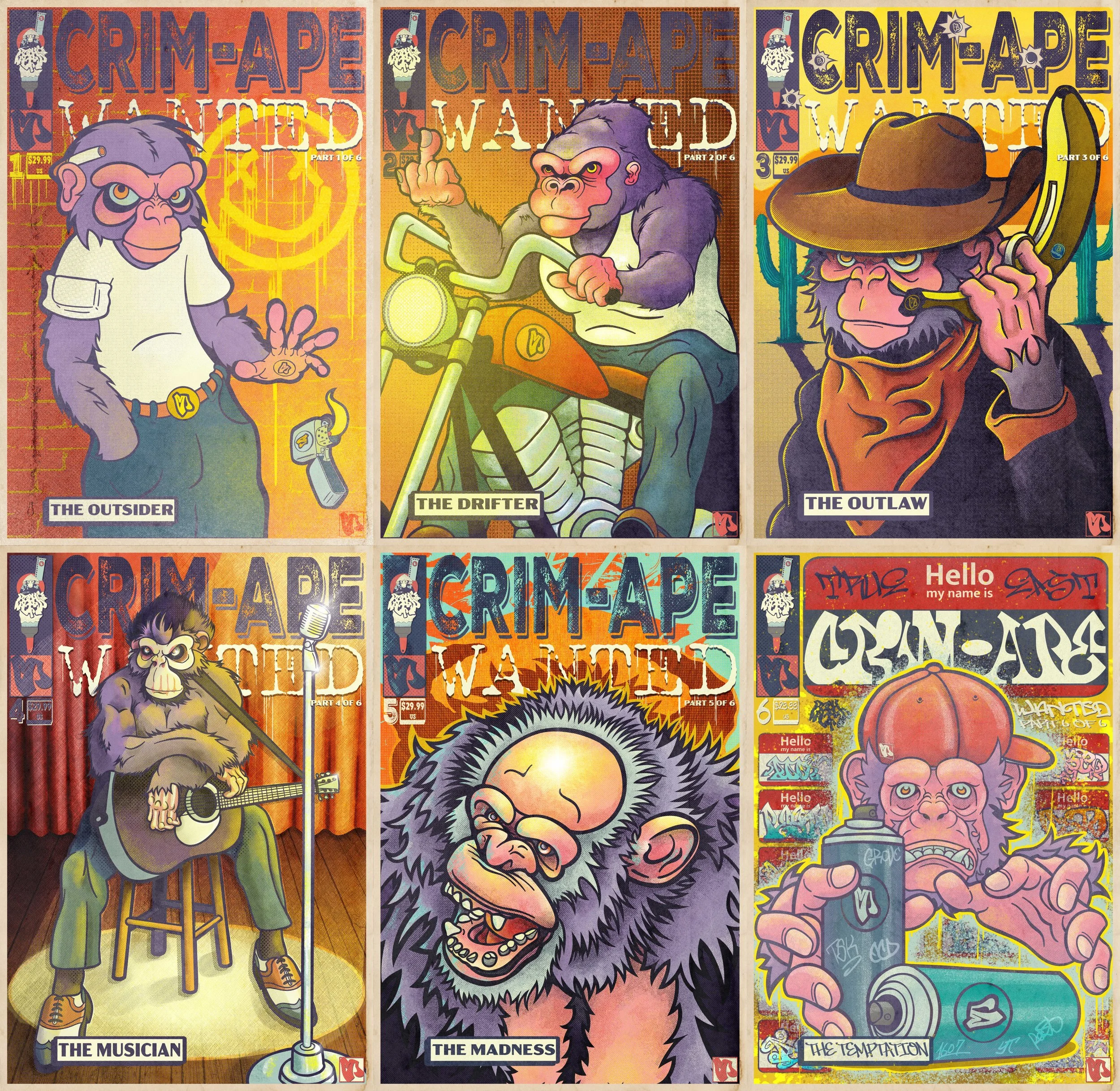 Three comic-style illustrations of monkeys, each representing a different stereotype: the outsider, the drifter, and the outlaw. The first monkey is holding up three fingers and labeled 'The Outsider,' wearing a white t-shirt and jeans. The second monkey, labeled 'The Drifter,' is riding a motorcycle with middle fingers raised. The third monkey, labeled 'The Outlaw,' is wearing a cowboy hat and holding a large banana-shaped phone.