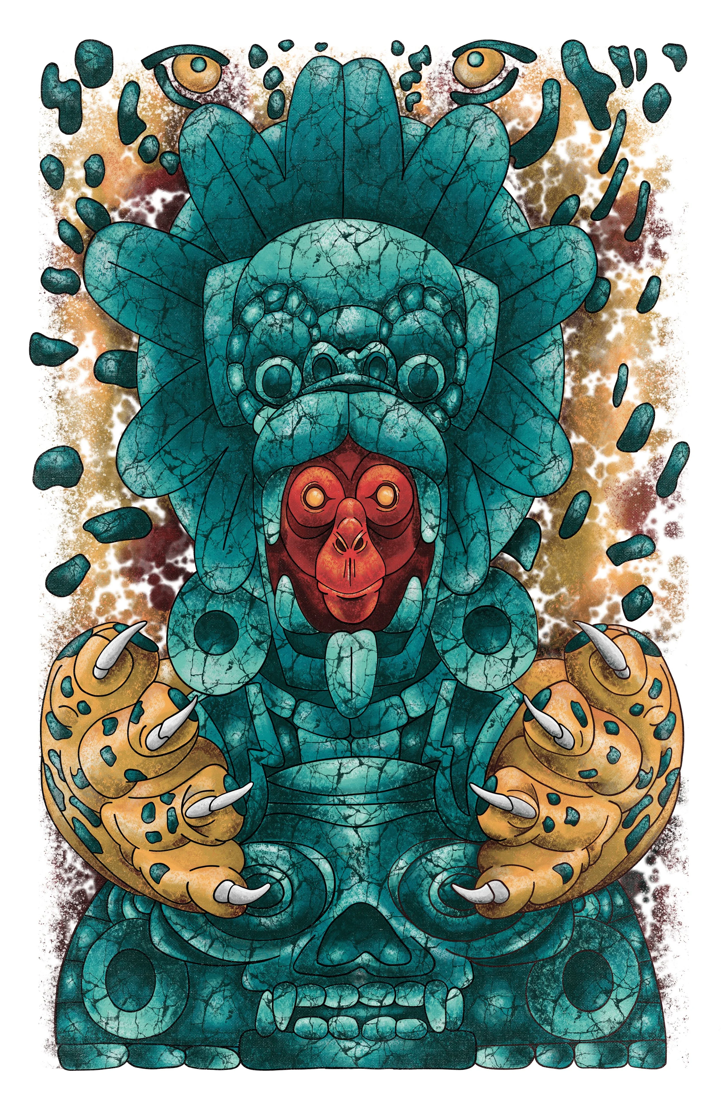 Resurrection - After the destruction of the earth by Tezcatlipoco, Mictlantecuhtli,  god of the dead and the underworld summoned Ozomatli from the remains of Quetzalcoatl. 

11” x 17” Print Available 