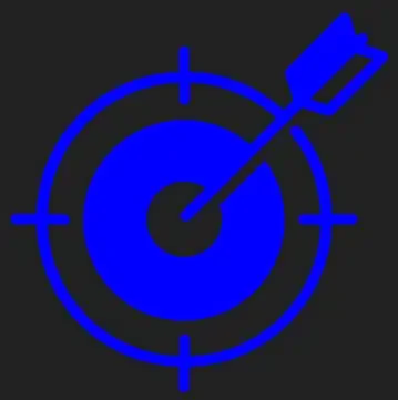 A blue target with an arrow hitting the bullseye on a dark background.