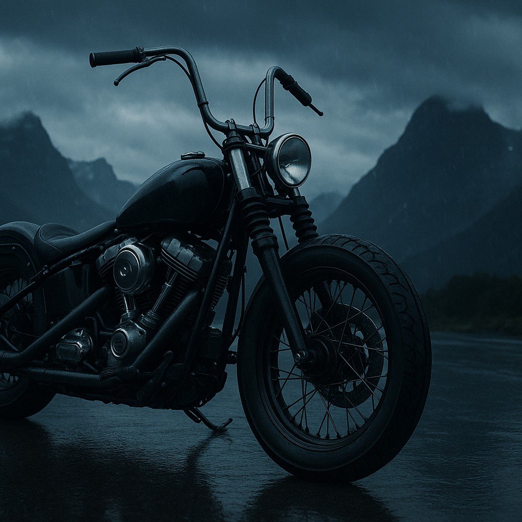 A black motorcycle parked on a wet road with mountains and a cloudy sky in the background.
