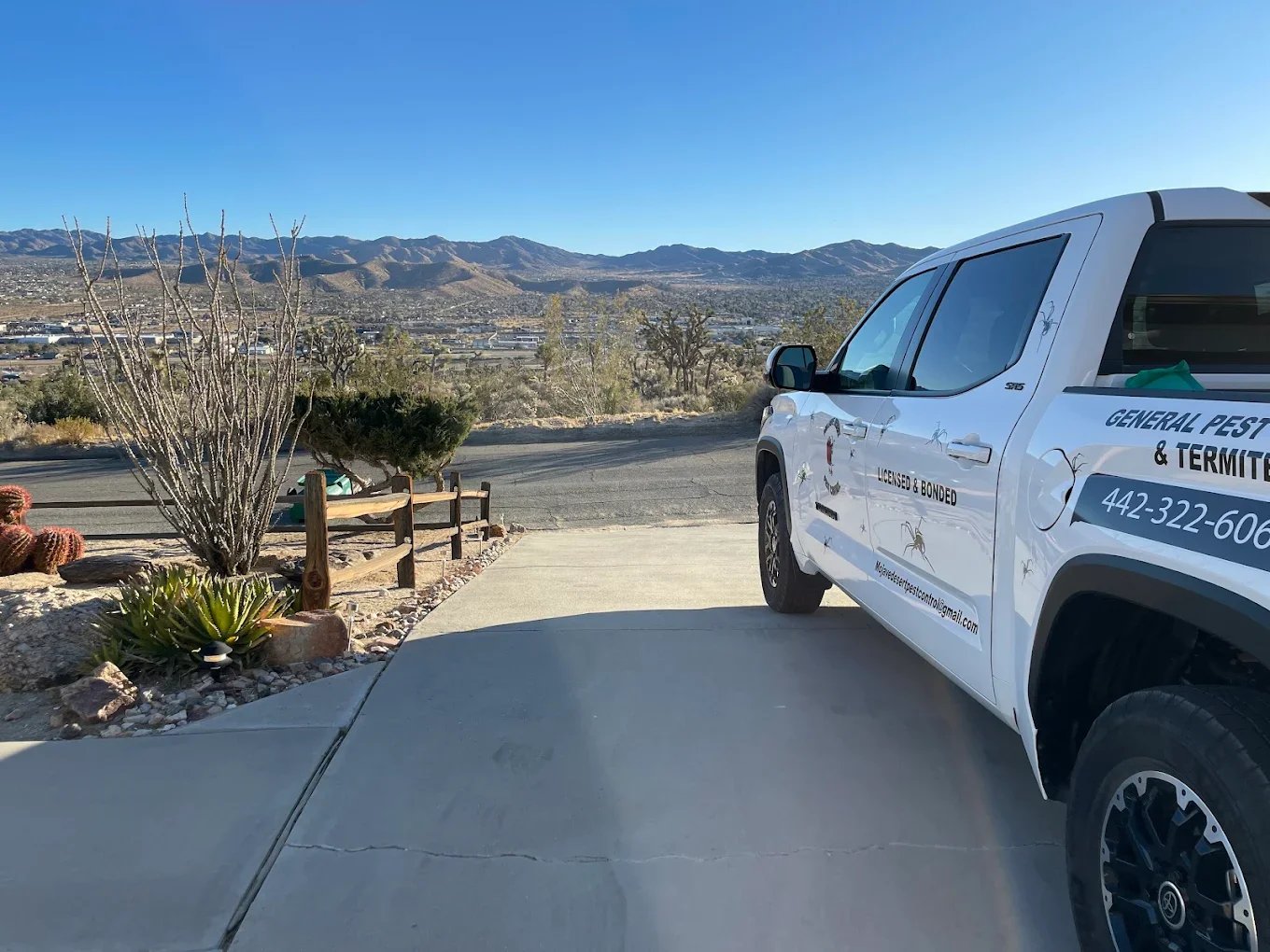 Professional pest control and exterminator service truck in Yucca Valley, CA providing termite, rodent, and general pest control in the High Desert.