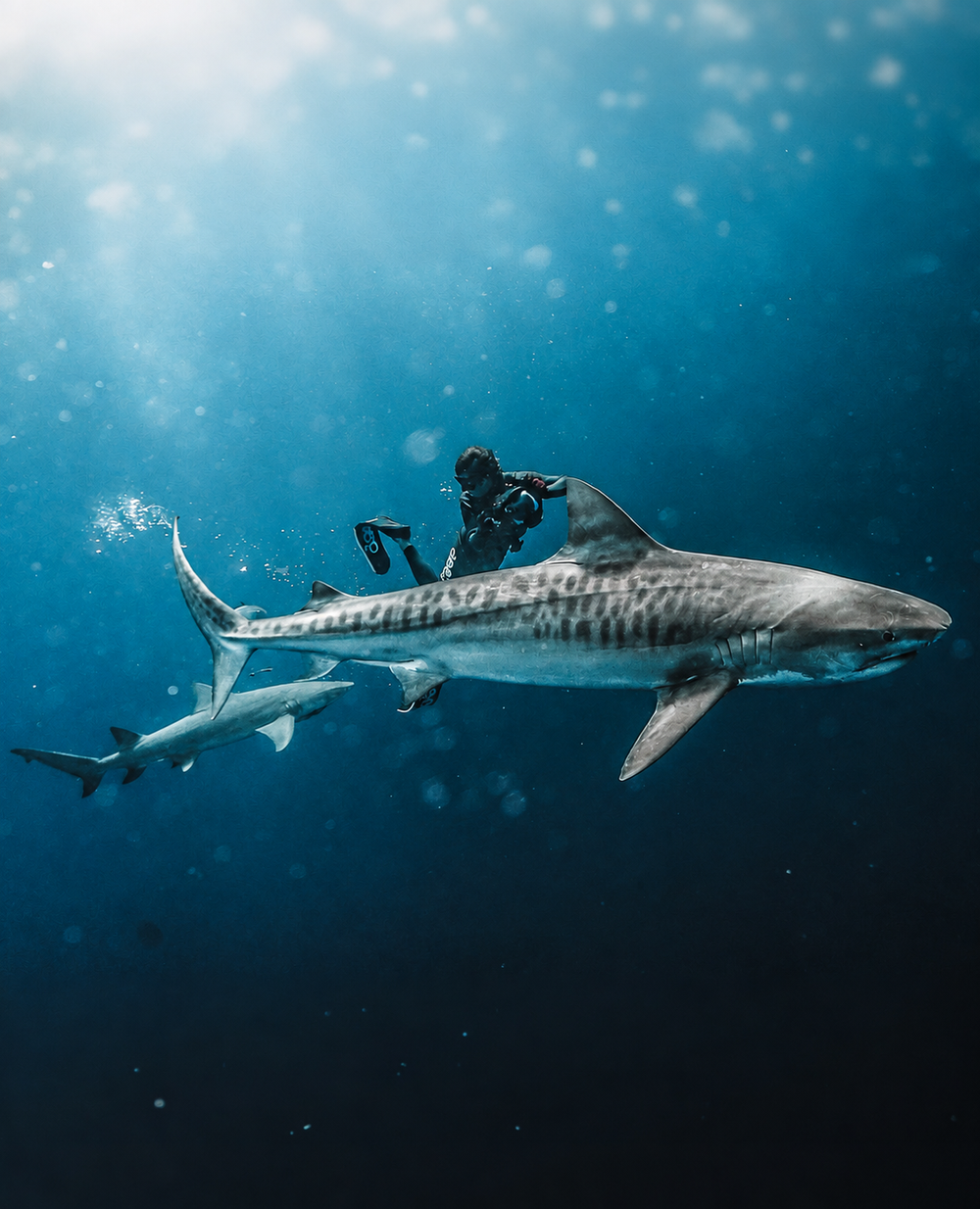 A tiger shark swimming alongside a freediver in Jupiter’s blue water