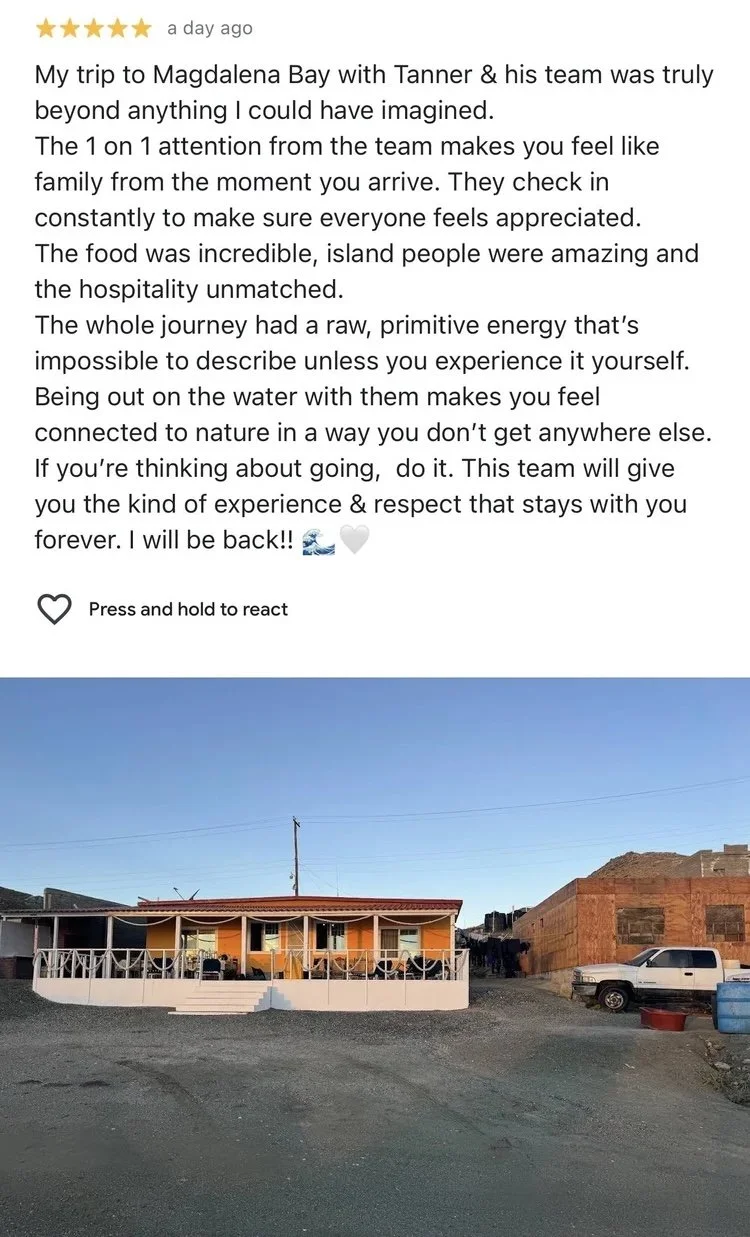 A guest review of the Magdalena Bay expedition above a photograph of the island house