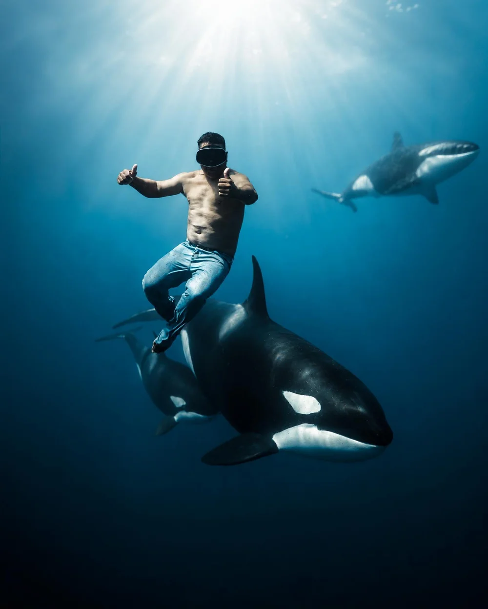 A snorkeler in sunlit blue water with orcas in Magdalena Bay