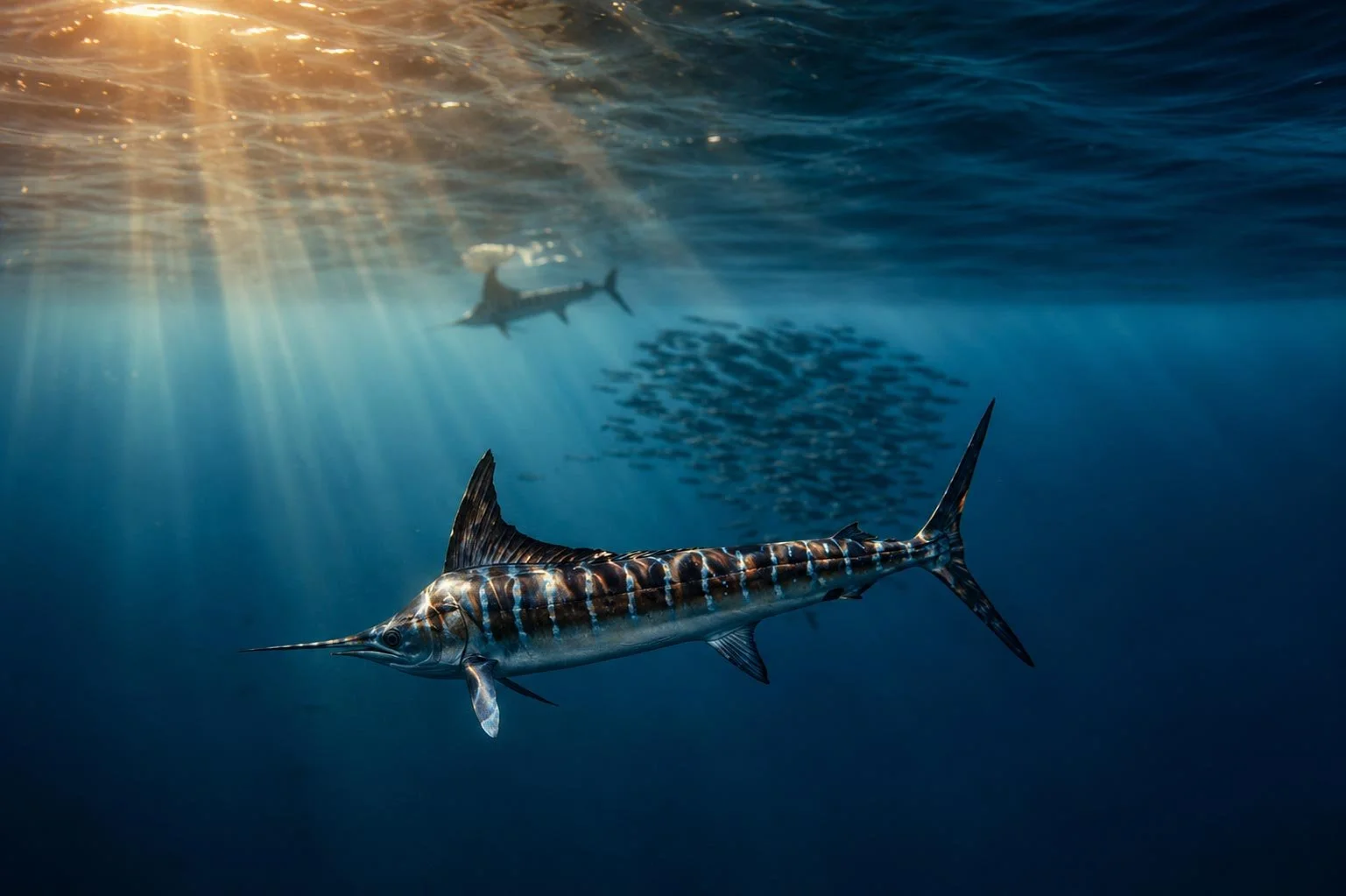 A marlin swimming underwater with a school of fish in the background, and sunlight streaming through the water.
