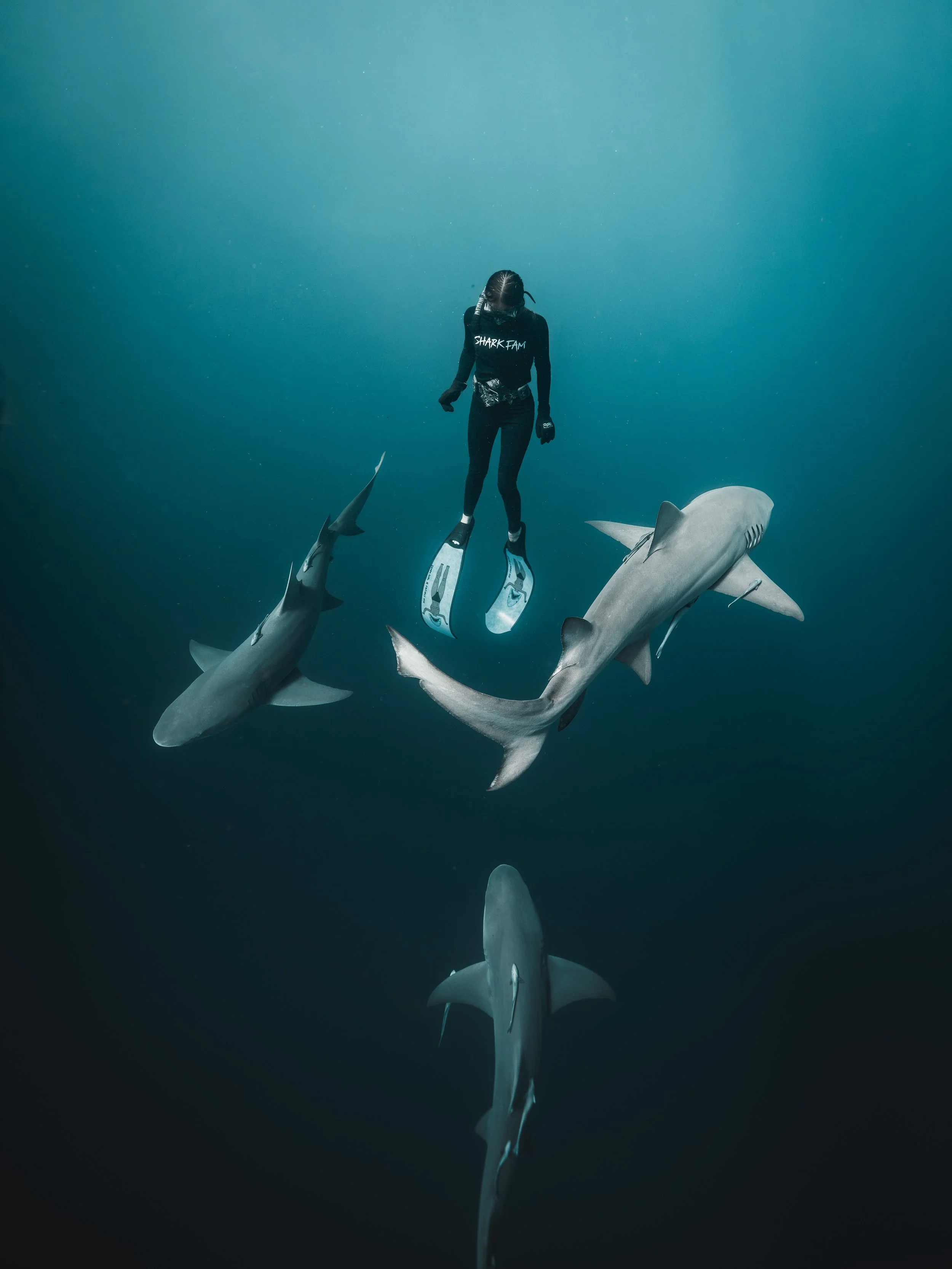 Freediver wearing a Shark Fam shirt surrounded by sharks in aqua-blue water