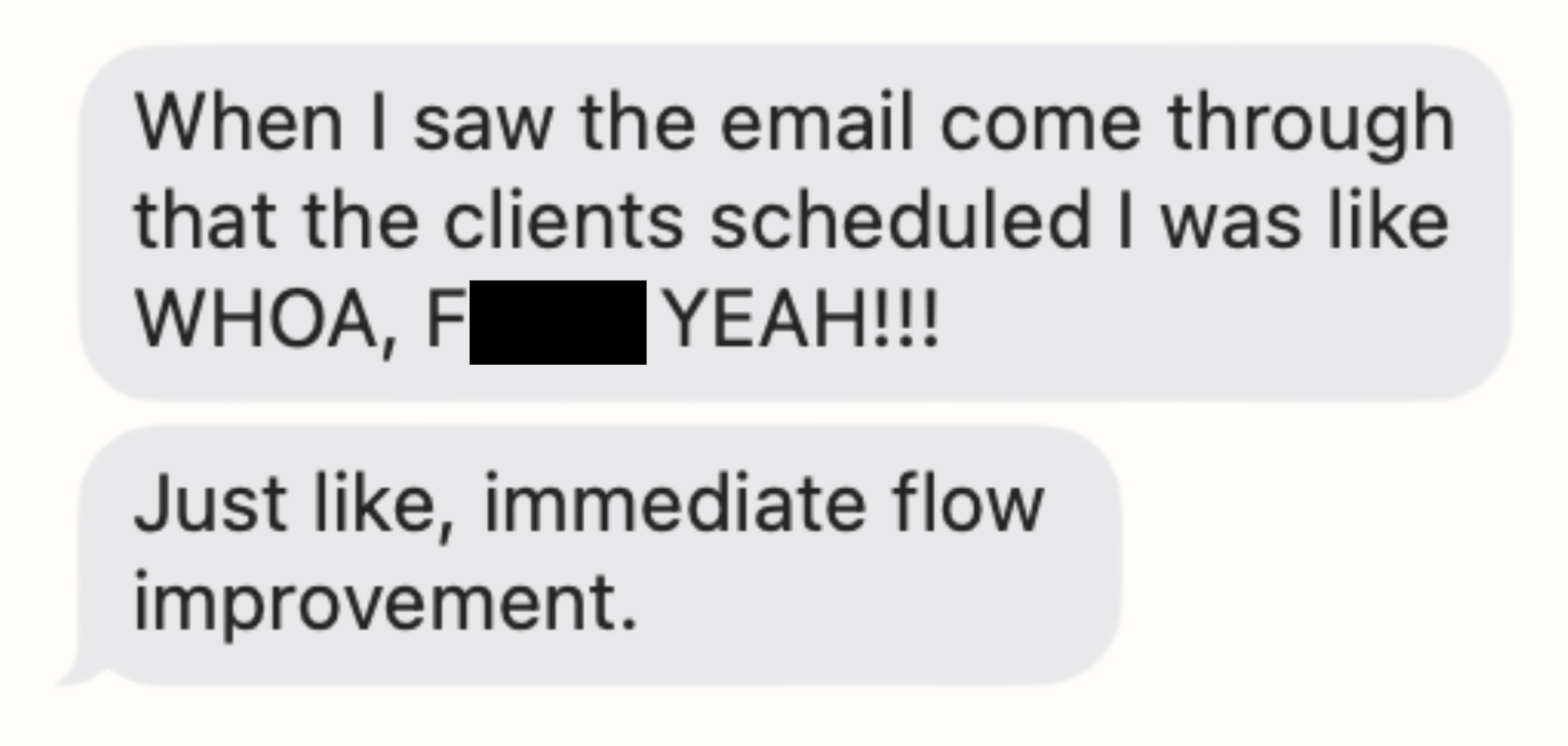 Text message conversation showing a person excited about an email they received and the result of their process improvement.