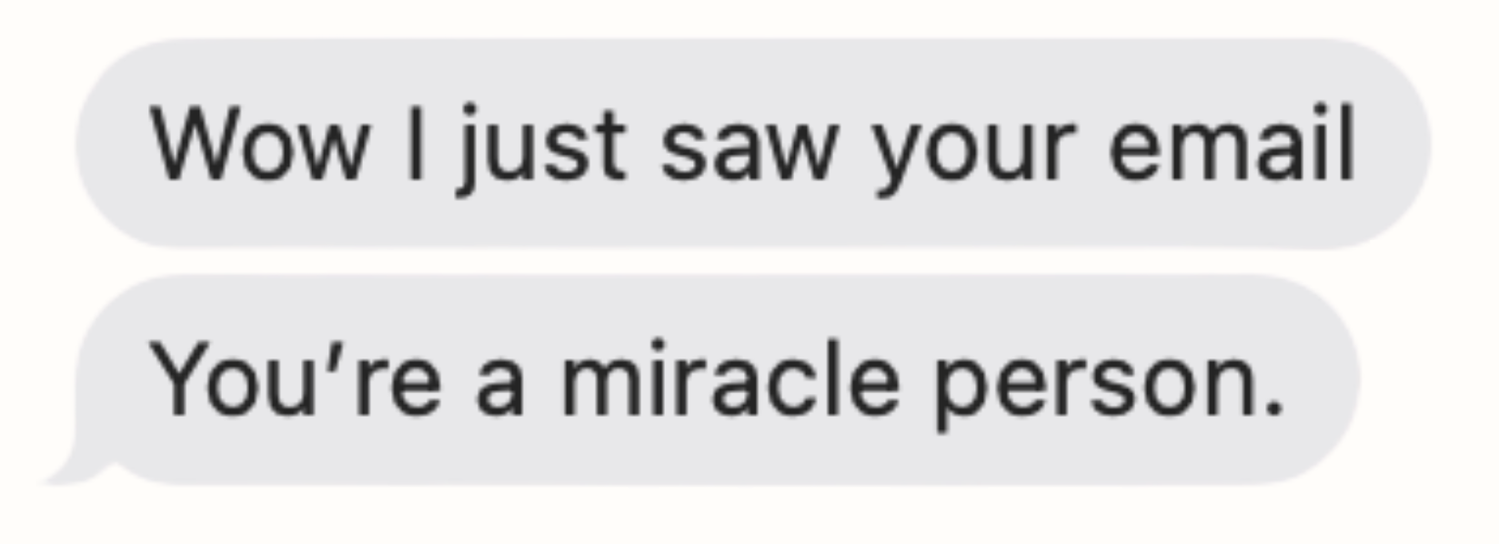 Text message conversation with two bubbles, the first says 'Wow I just saw your email' and the second says 'You're a miracle person.'