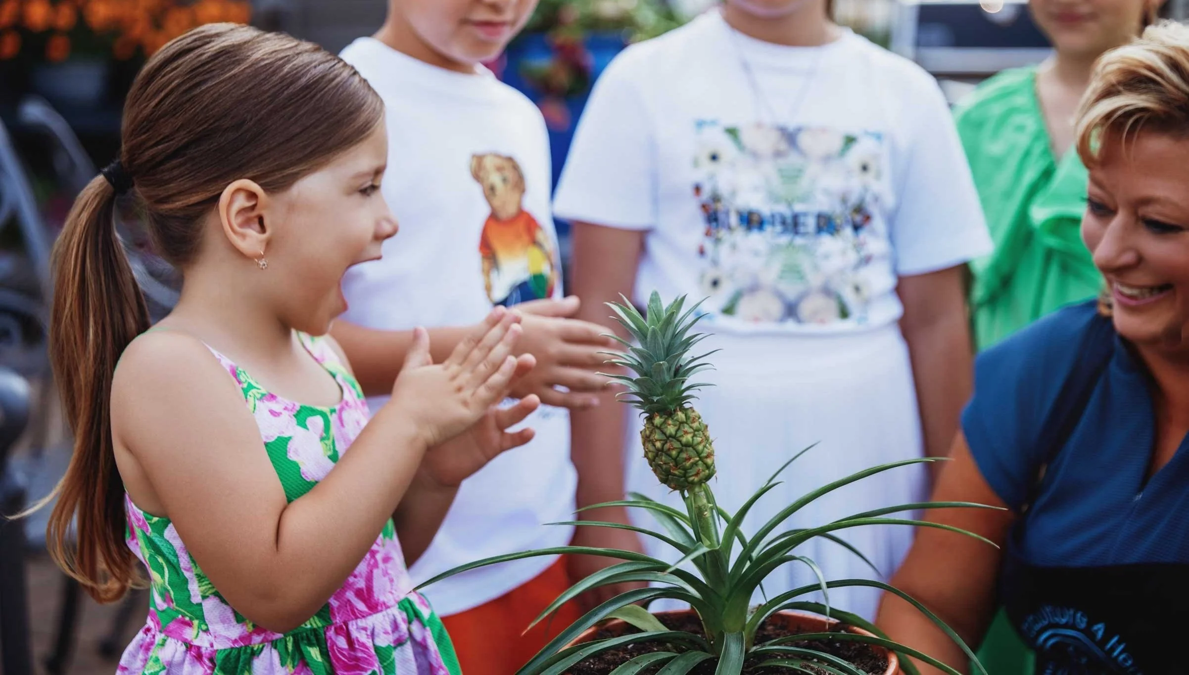 A young girl in a colorful dress excitedly reaching towards a pineapple plant with a ripe pineapple, while a group of children and an adult woman look on happily.