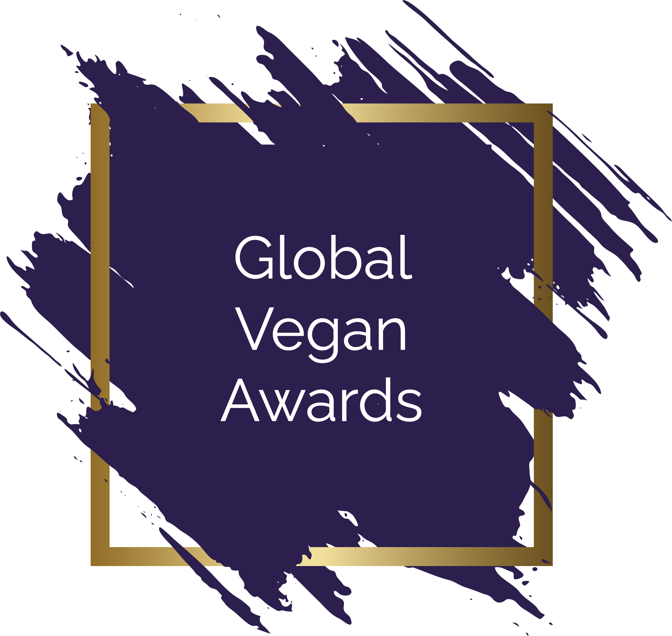 Logotipo del Premio Global Vegano con fondo azul con aspecto de brochazo y marco dorado.