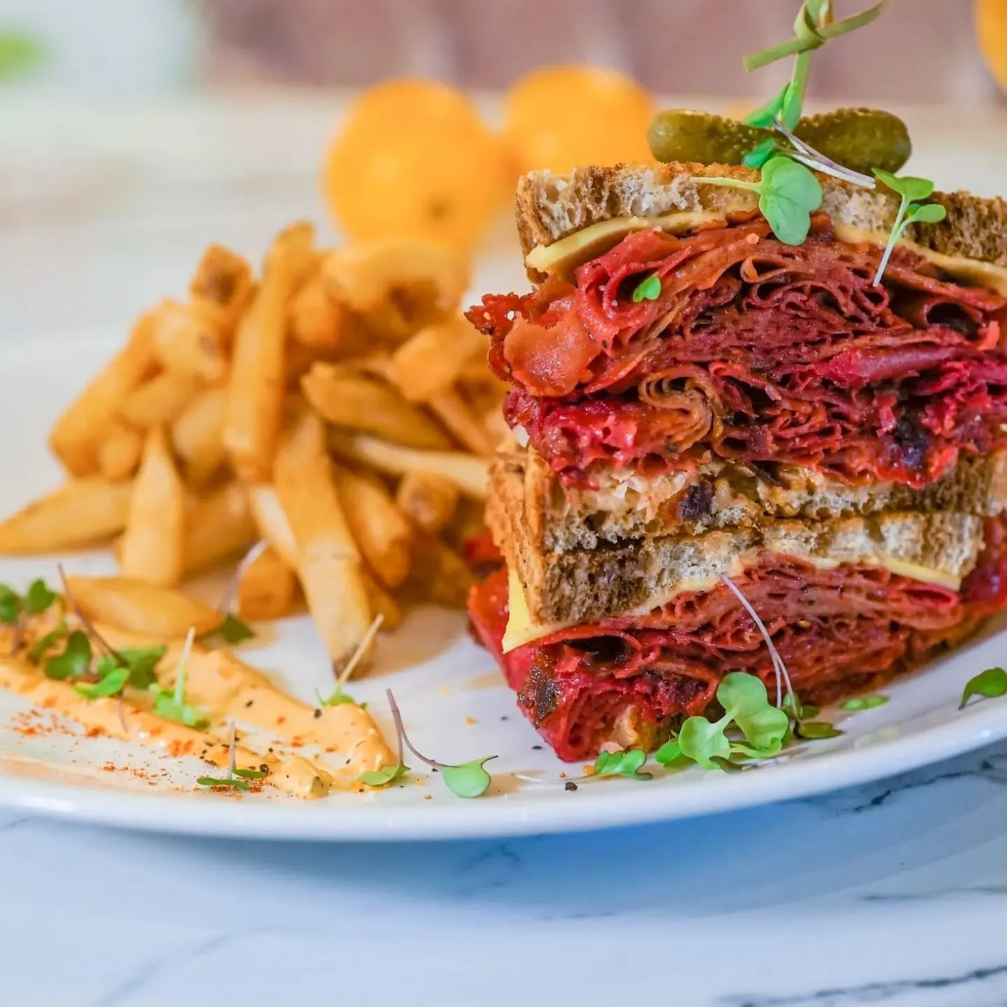 Let's not forget my old buddy - The Vegan Reuben 

Shaved seitan pastrami on rye with creamy Russian dressing, sauerkraut and Swiss cheese 

This sandwich started in Public Kitchen on Marlee and eventually made it to Europe, every single Copper Branc