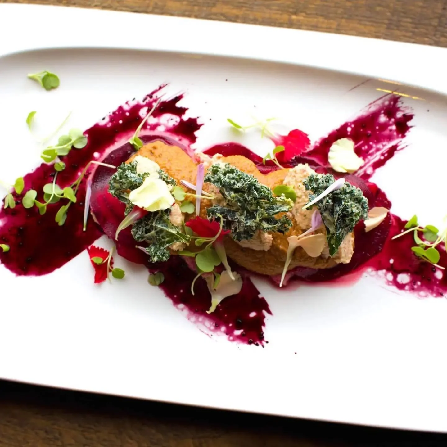 Throwback to Raw Food Days 

Red beet ravioli, her bed cashew ricotta cheese, red pepper marinara, Cabernet and pepper corn paint, sour cream and onion kale chips, micro greens