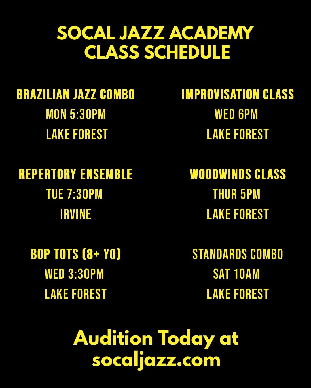 🎶 Join SoCal Jazz Academy &ndash; Orange County&rsquo;s premier education &amp; performance program, established in 2019!

Audition today and be part of our jazz combos &amp; classes. Year-round programs led by top OC &amp; LA educators in professio