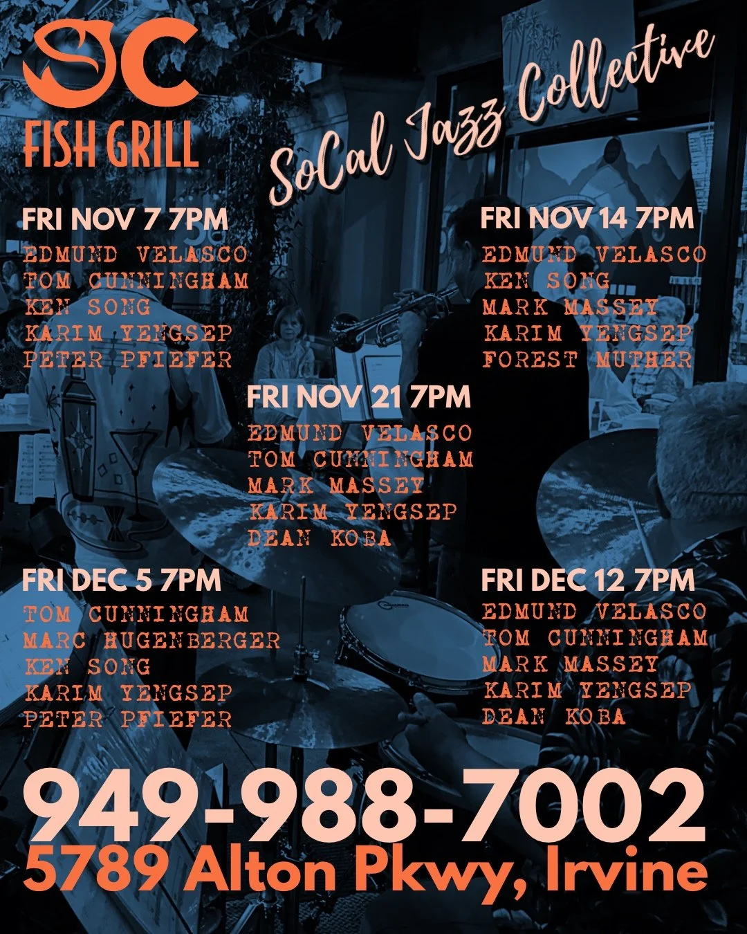 November and December are lighting up with live jazz at @ocfishgrill — every Friday at 7pm featuring the finest OC and LA jazz performers. Join us for swinging nights of great food, great music, and great company. Save the dates for December 5