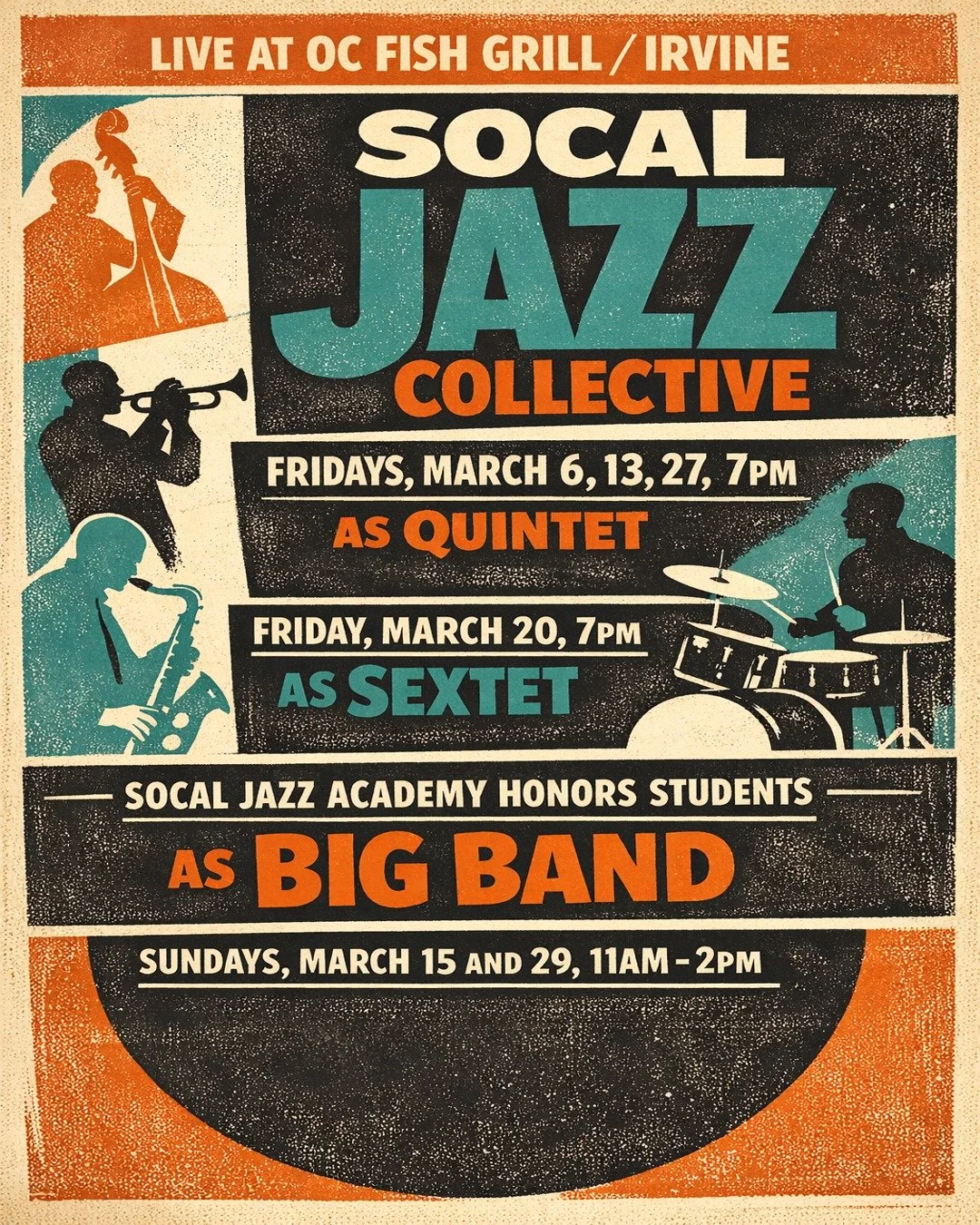 The Collective brings the heat on Fridays, shifting from quintet to sextet, and our Academy Honors Students take over Sunday brunch as a big band in March! Good music, good food, good people. ☎ 949-988-7002. Save the dates and come out. Peace.