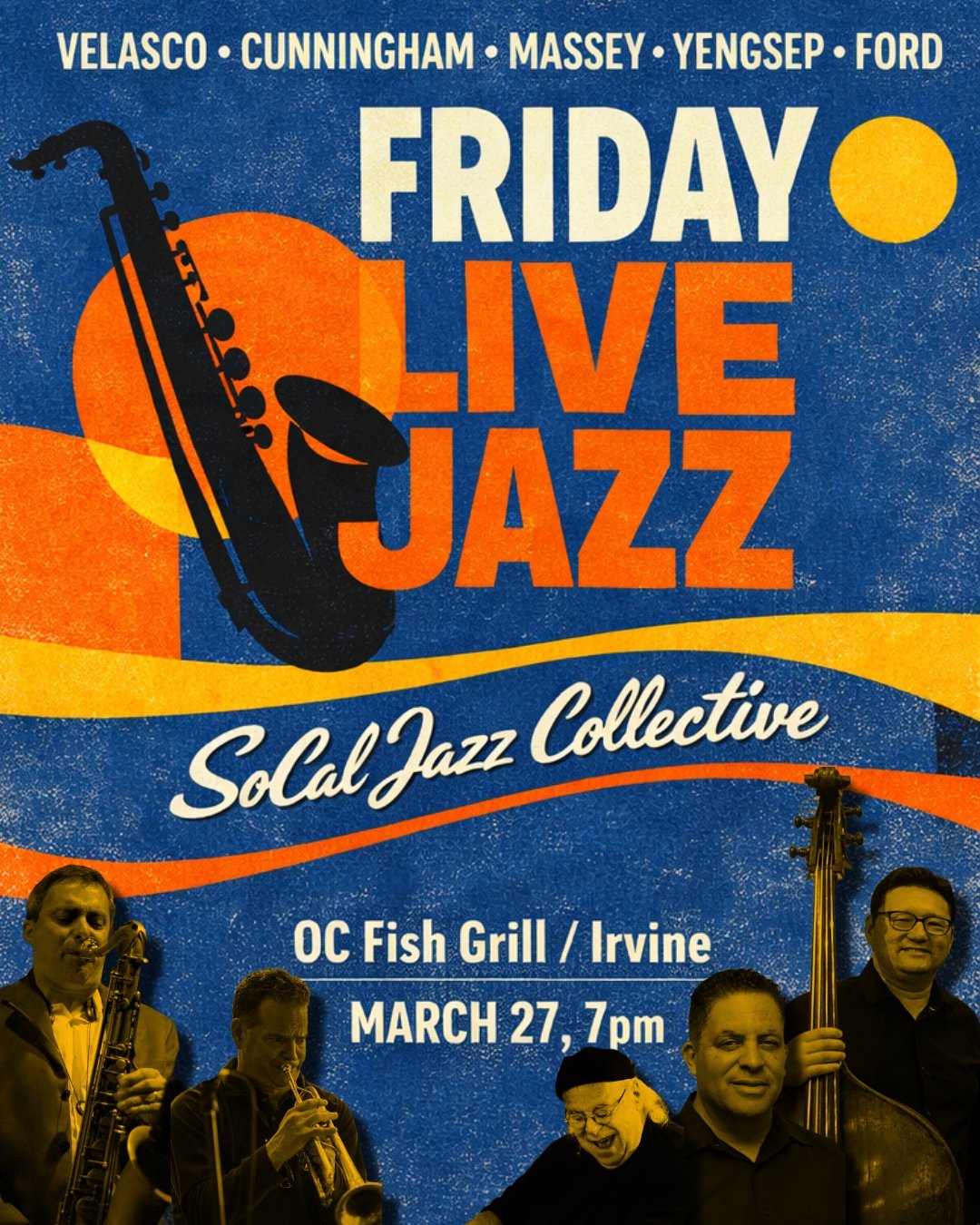 The great @ford_drum_co is back with the fellas on Friday night 7pm and for Sunday we've got the Honors Big Band 11am-2pm lined up! Come out for straight ahead jazz at @ocfishgrill in the heart of Irvine. Call ☎ 949-988-7002 for tables. Peace.